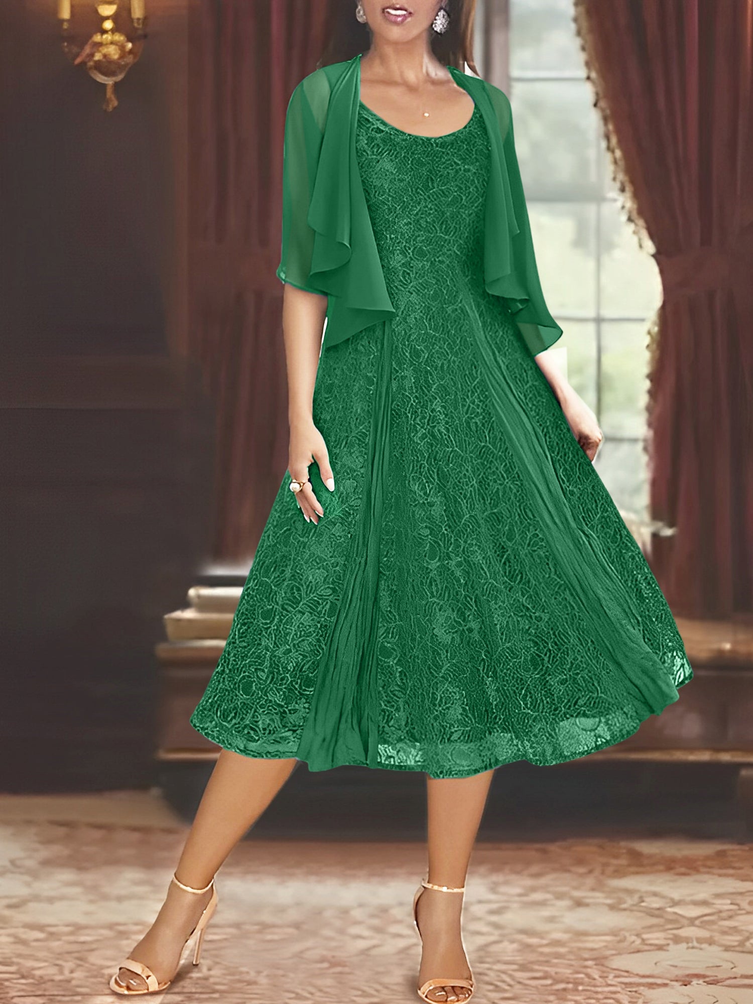 Princess A-Line Tea-Length Mother of the Bride Dress with Scoop Neck Half Sleeves Appliques and Jacket-BMbridal