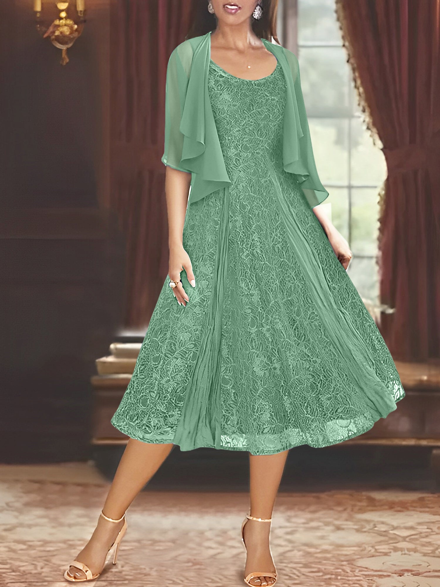 Princess A-Line Tea-Length Mother of the Bride Dress with Scoop Neck Half Sleeves Appliques and Jacket-BMbridal
