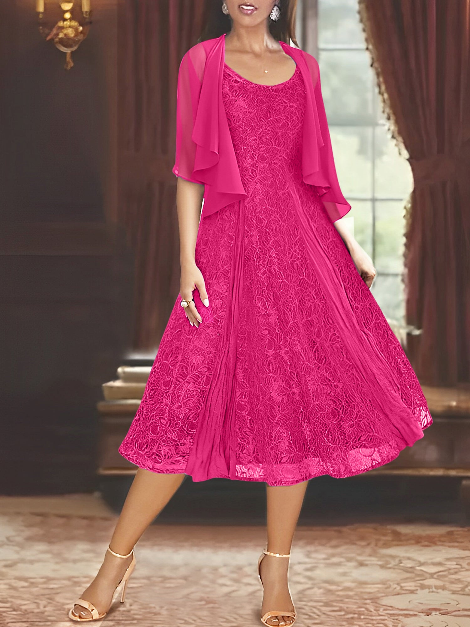 Princess A-Line Tea-Length Mother of the Bride Dress with Scoop Neck Half Sleeves Appliques and Jacket-BMbridal