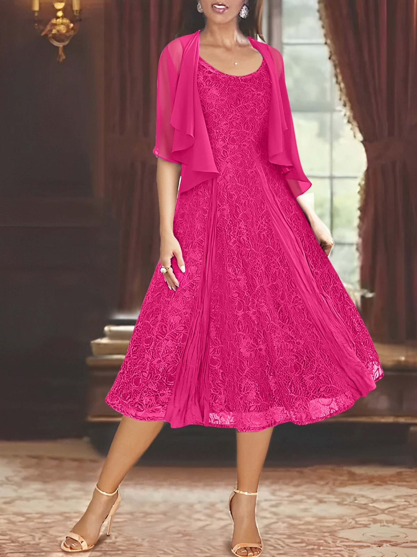 Princess A-Line Tea-Length Mother of the Bride Dress with Scoop Neck Half Sleeves Appliques and Jacket-BMbridal