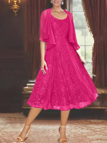 Princess A-Line Tea-Length Mother of the Bride Dress with Scoop Neck Half Sleeves Appliques and Jacket-BMbridal