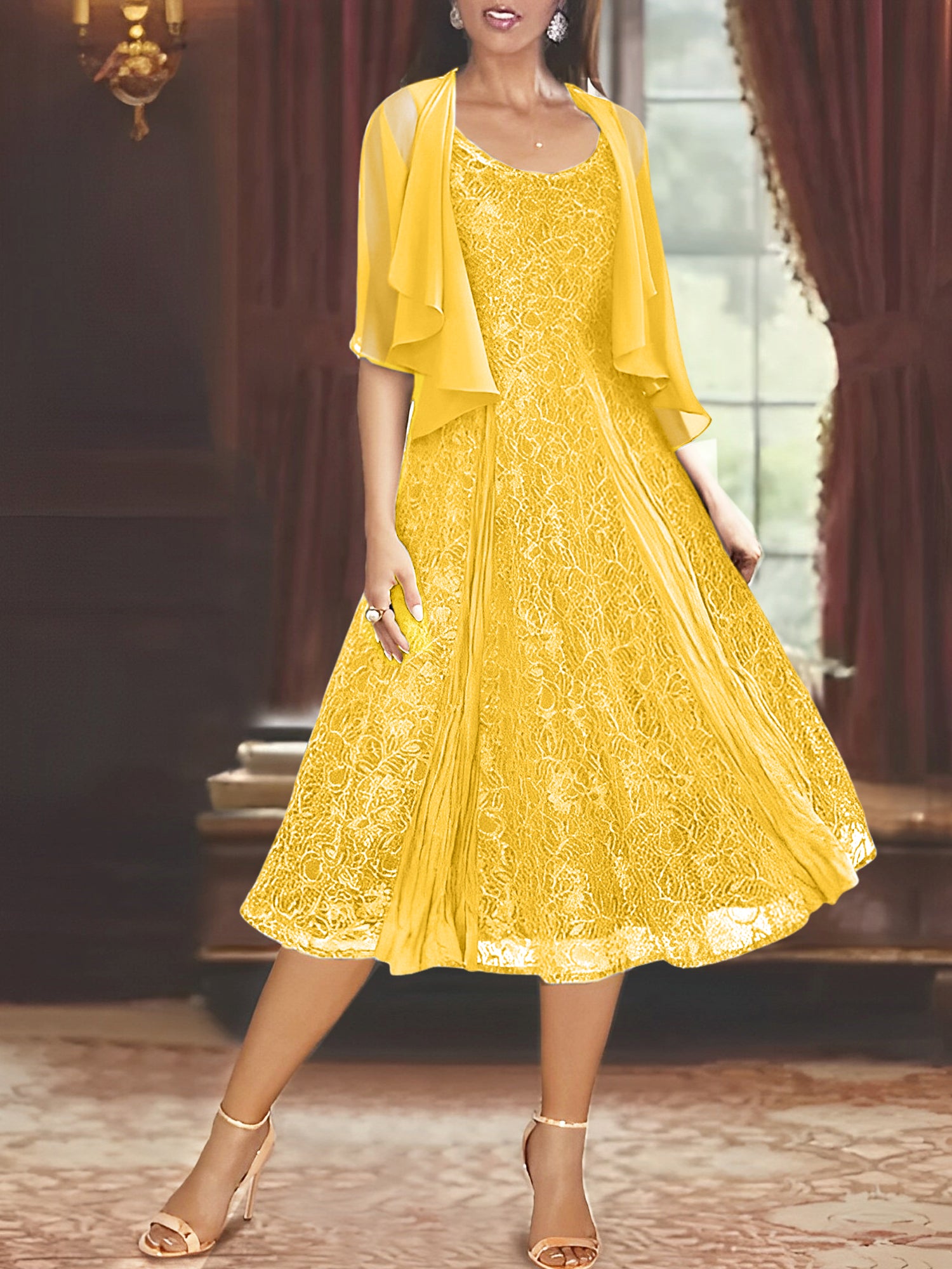 Princess A-Line Tea-Length Mother of the Bride Dress with Scoop Neck Half Sleeves Appliques and Jacket-BMbridal
