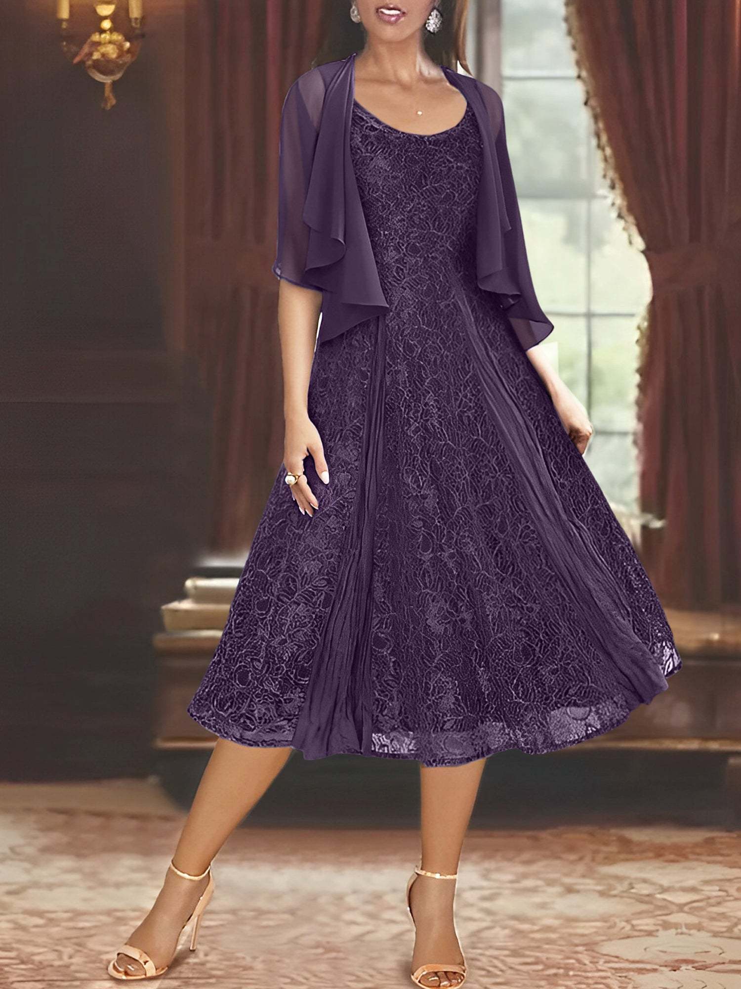 Princess A-Line Tea-Length Mother of the Bride Dress with Scoop Neck Half Sleeves Appliques and Jacket-BMbridal