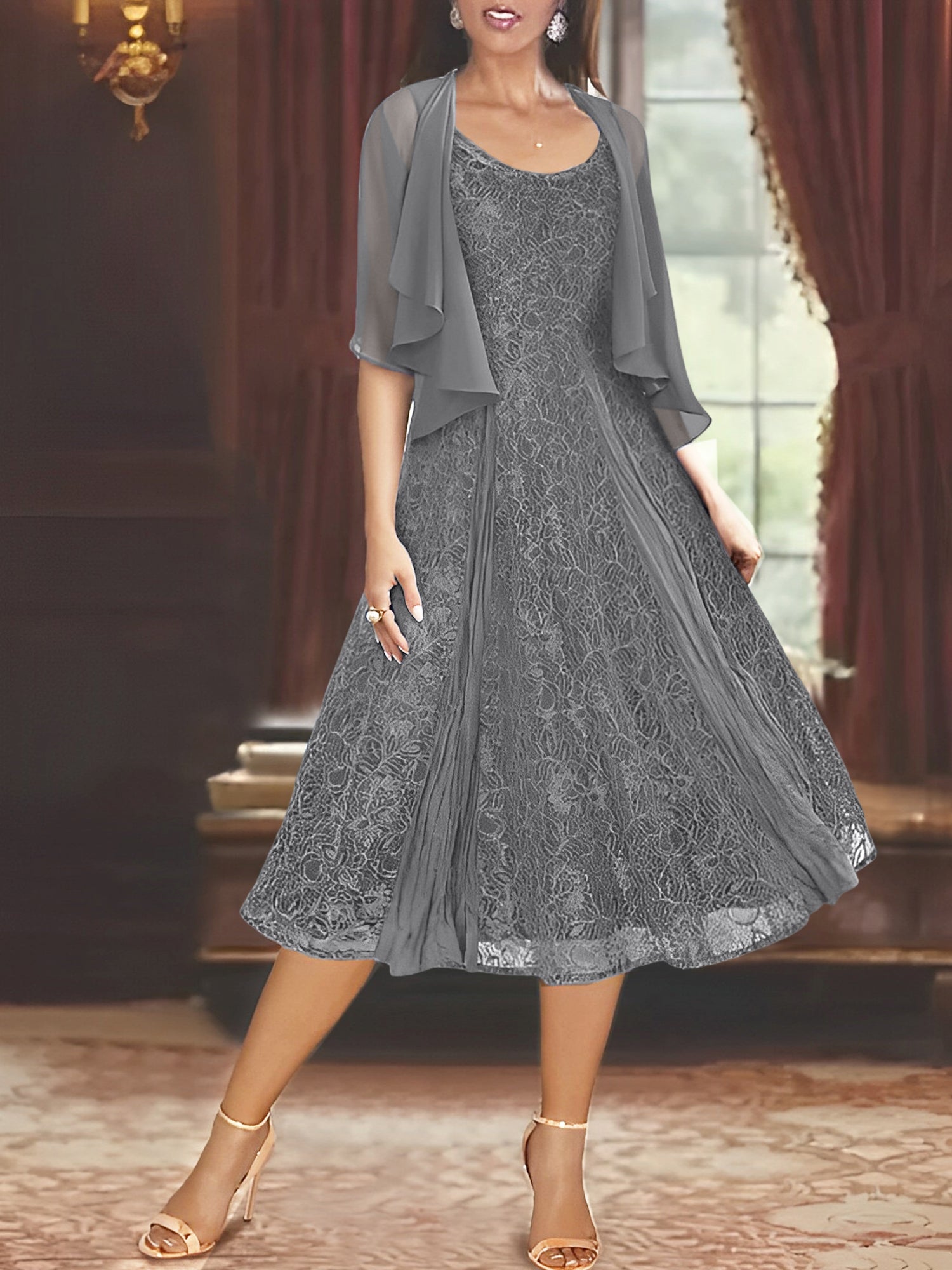 Princess A-Line Tea-Length Mother of the Bride Dress with Scoop Neck Half Sleeves Appliques and Jacket-BMbridal