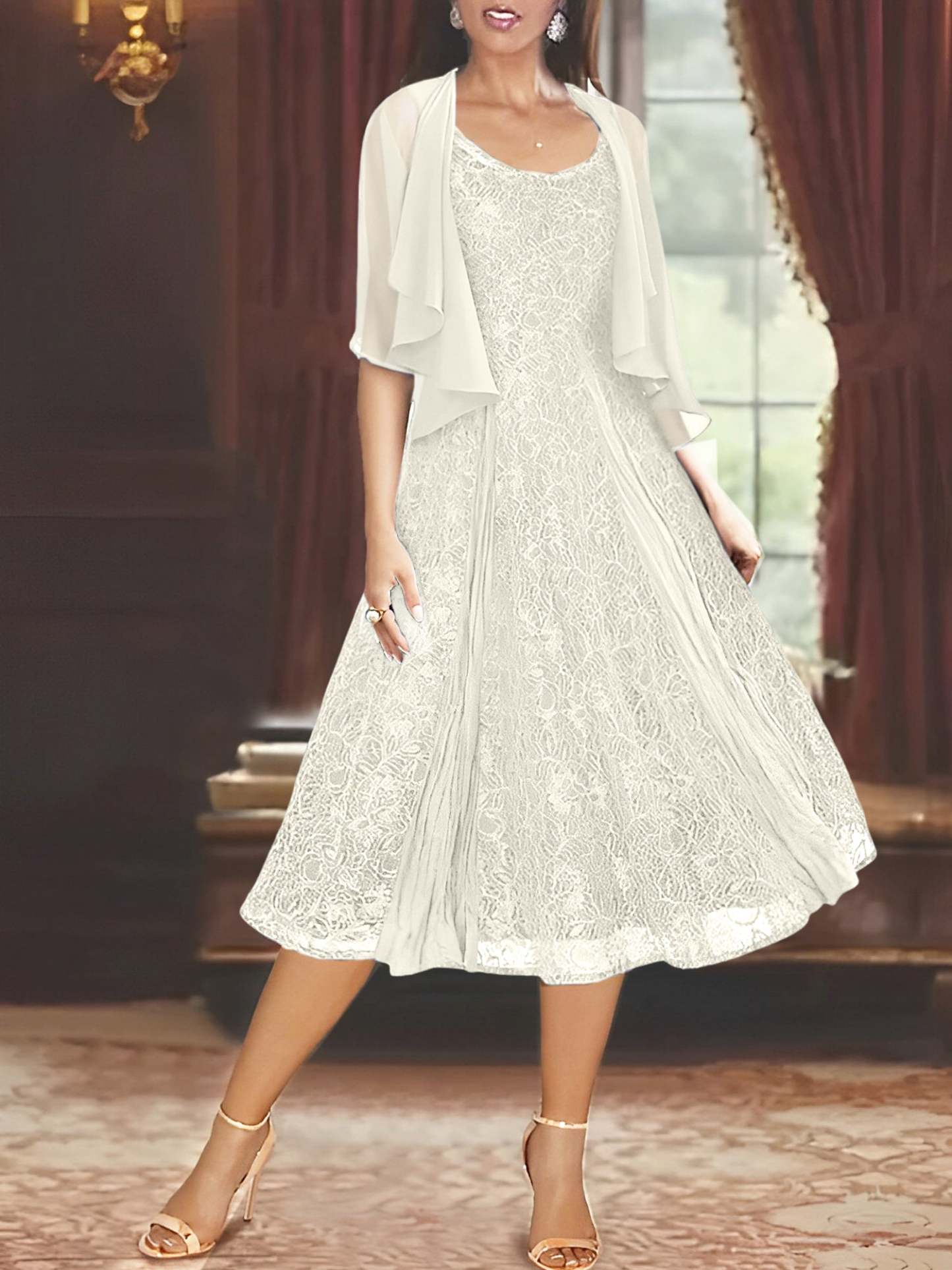 Princess A-Line Tea-Length Mother of the Bride Dress with Scoop Neck Half Sleeves Appliques and Jacket-BMbridal