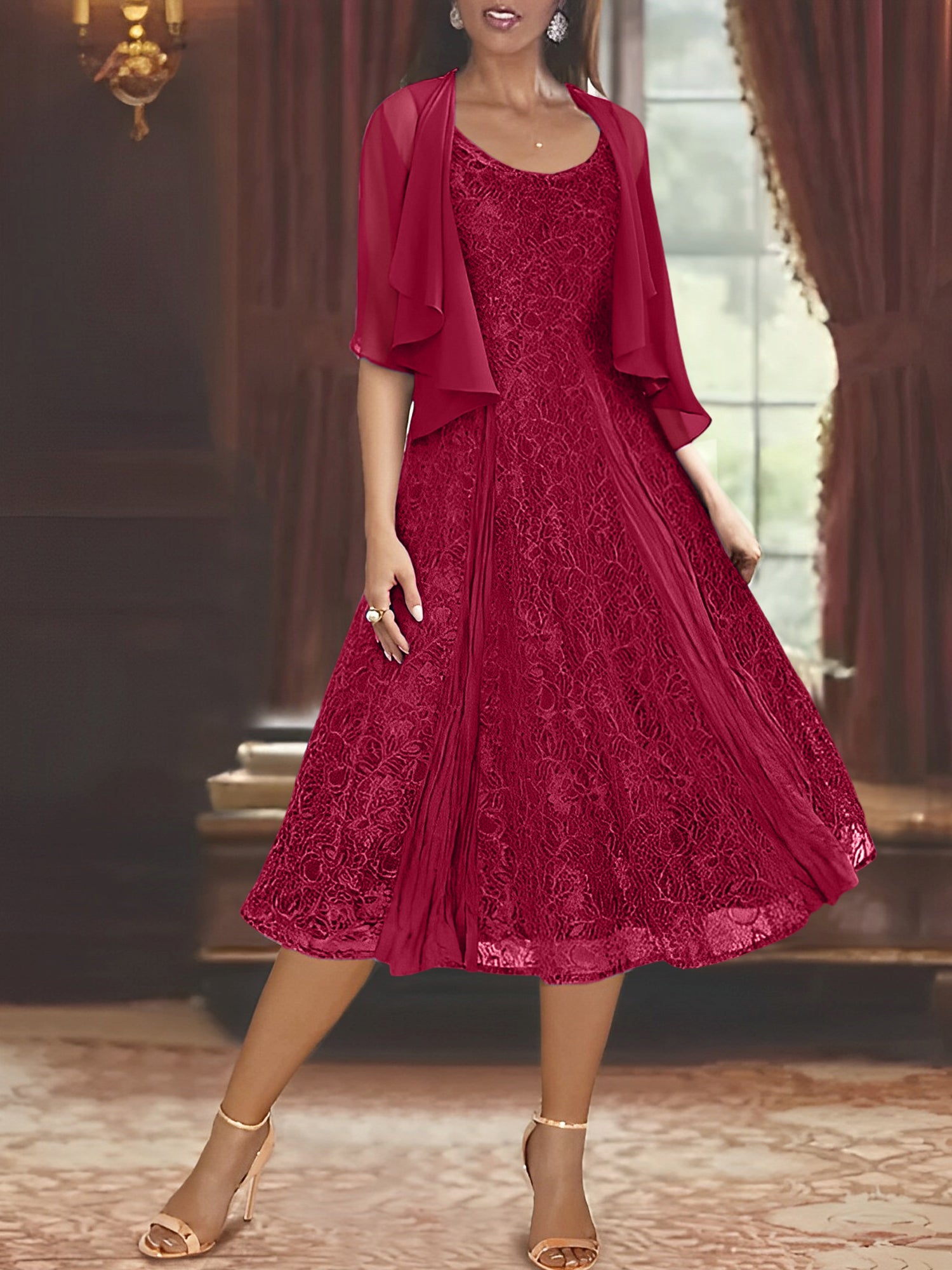 Princess A-Line Tea-Length Mother of the Bride Dress with Scoop Neck Half Sleeves Appliques and Jacket-BMbridal