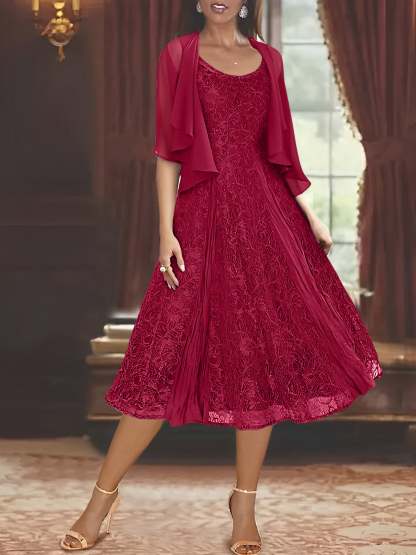 Princess A-Line Tea-Length Mother of the Bride Dress with Scoop Neck Half Sleeves Appliques and Jacket-BMbridal