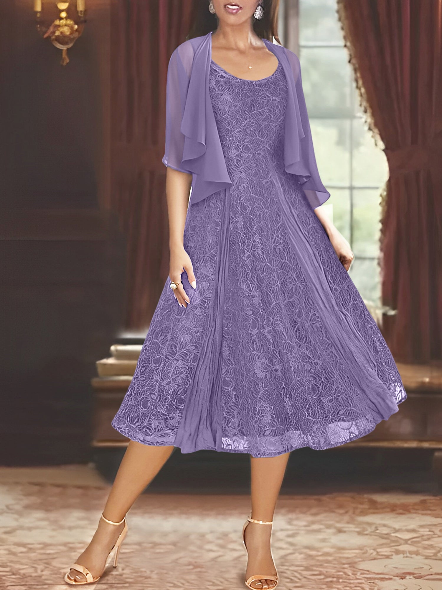Princess A-Line Tea-Length Mother of the Bride Dress with Scoop Neck Half Sleeves Appliques and Jacket-BMbridal