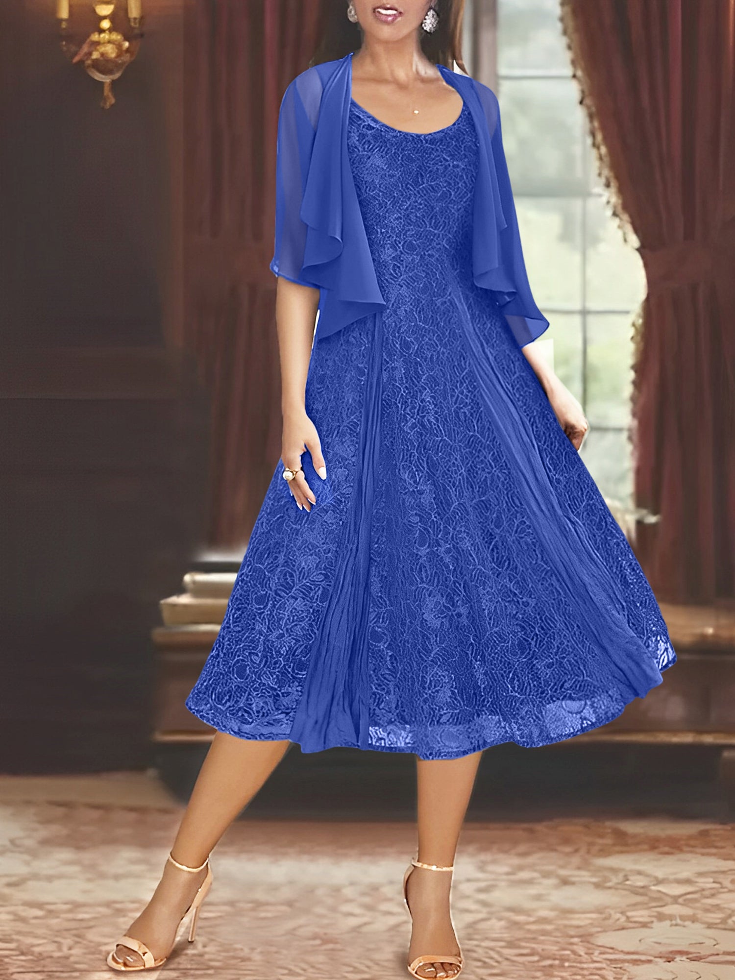 Princess A-Line Tea-Length Mother of the Bride Dress with Scoop Neck Half Sleeves Appliques and Jacket-BMbridal
