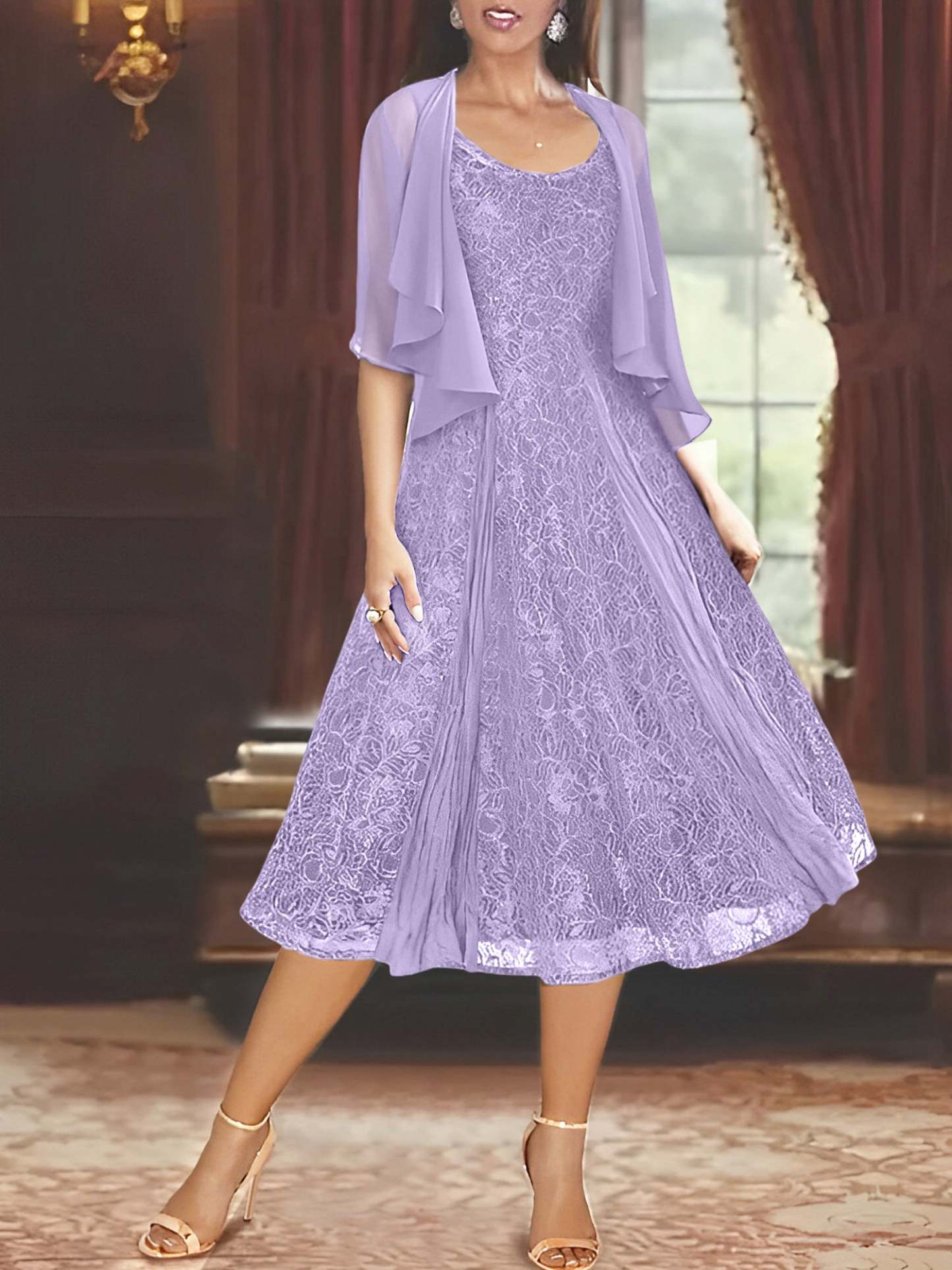Princess A-Line Tea-Length Mother of the Bride Dress with Scoop Neck Half Sleeves Appliques and Jacket-BMbridal