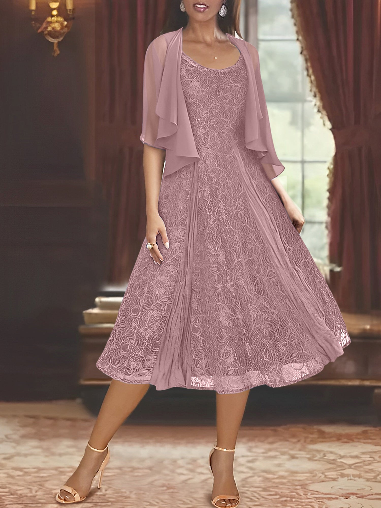 Princess A-Line Tea-Length Mother of the Bride Dress with Scoop Neck Half Sleeves Appliques and Jacket-BMbridal