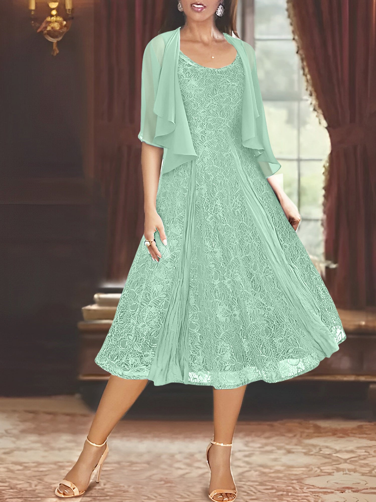Princess A-Line Tea-Length Mother of the Bride Dress with Scoop Neck Half Sleeves Appliques and Jacket-BMbridal