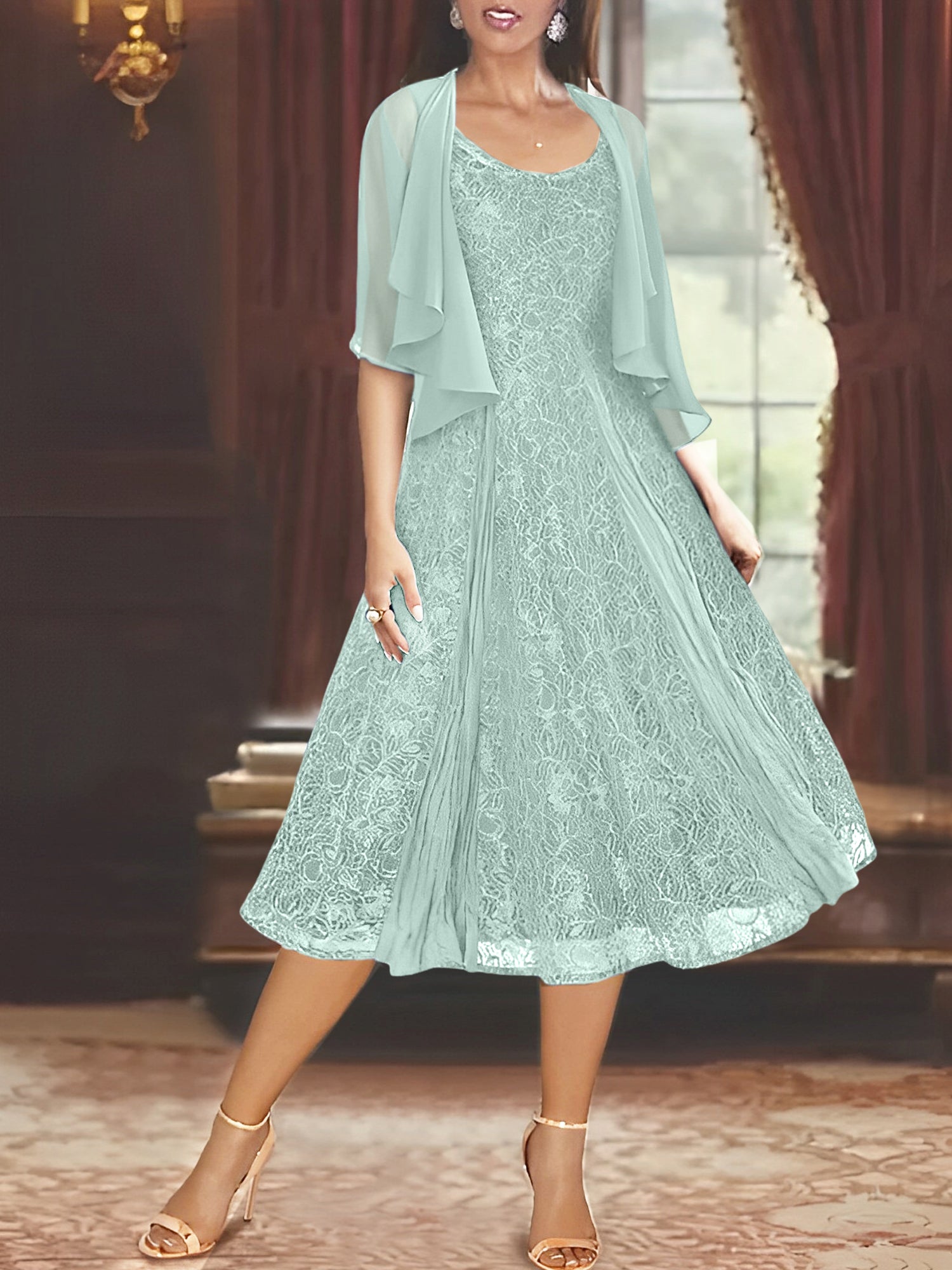 Princess A-Line Tea-Length Mother of the Bride Dress with Scoop Neck Half Sleeves Appliques and Jacket-BMbridal