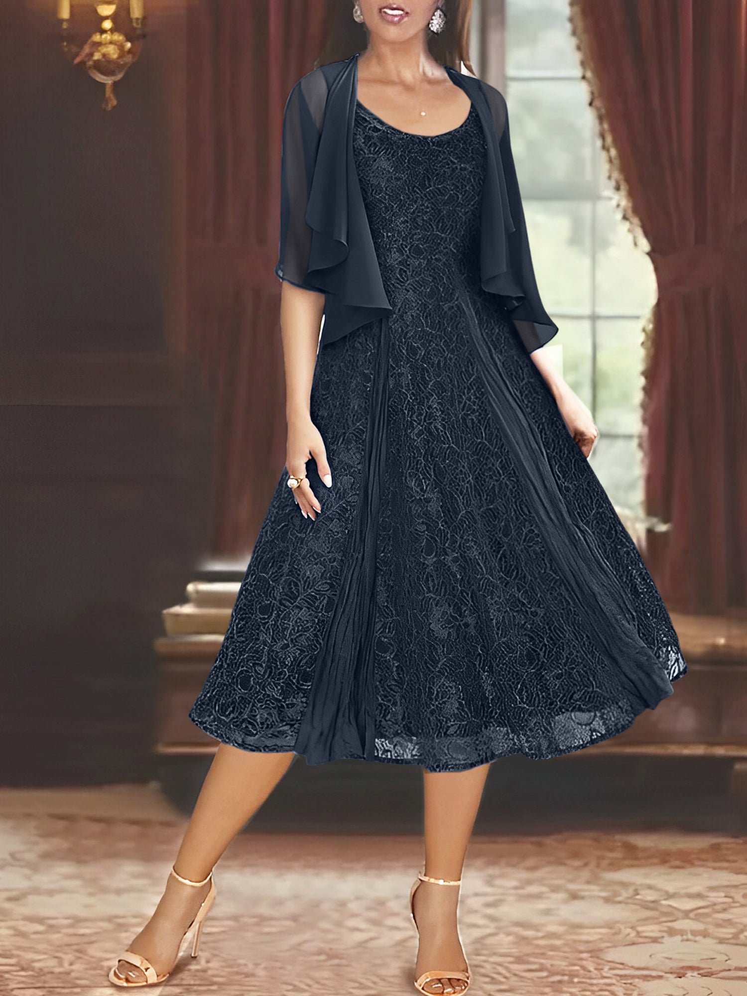 Princess A-Line Tea-Length Mother of the Bride Dress with Scoop Neck Half Sleeves Appliques and Jacket-BMbridal