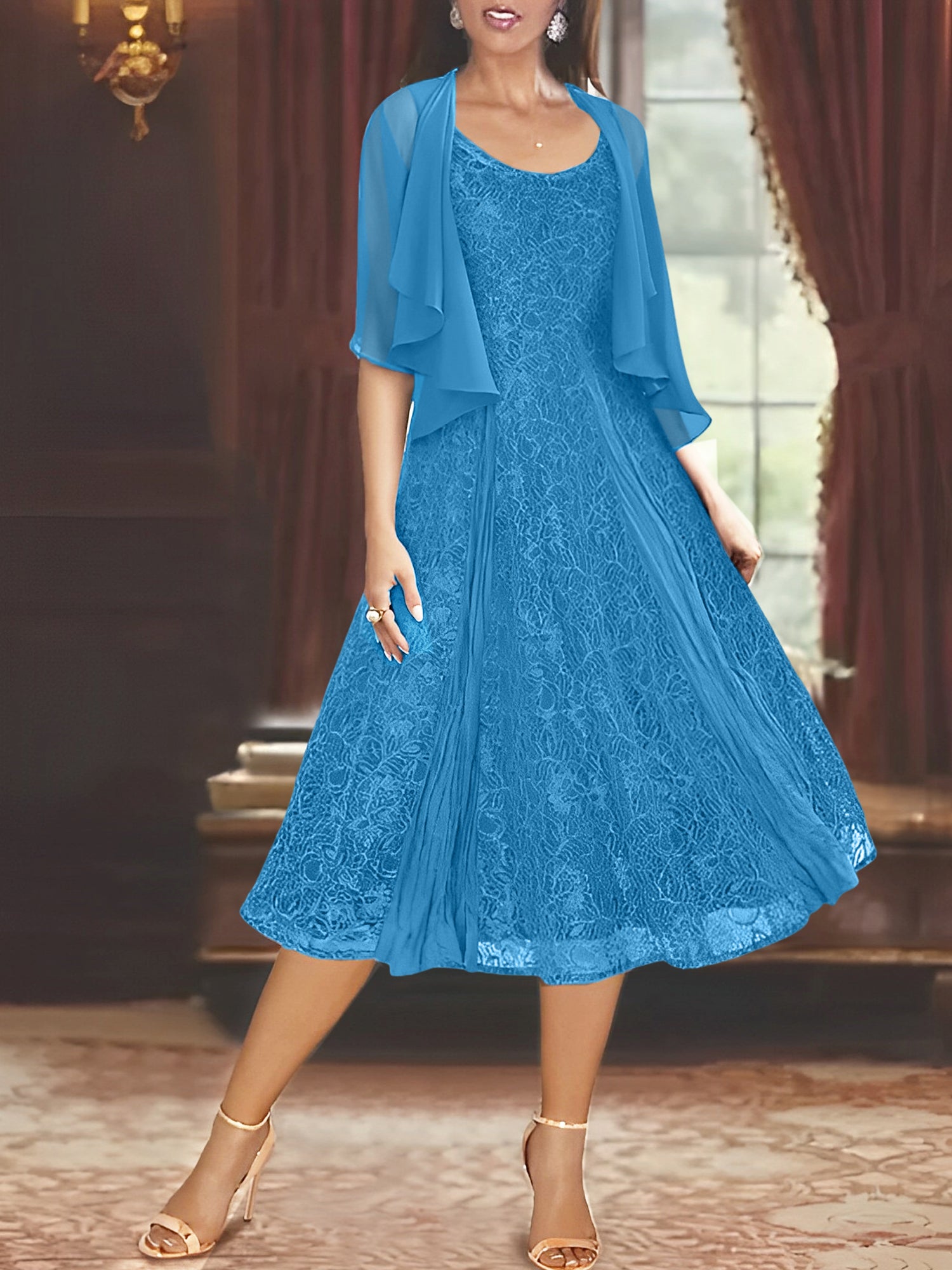 Princess A-Line Tea-Length Mother of the Bride Dress with Scoop Neck Half Sleeves Appliques and Jacket-BMbridal