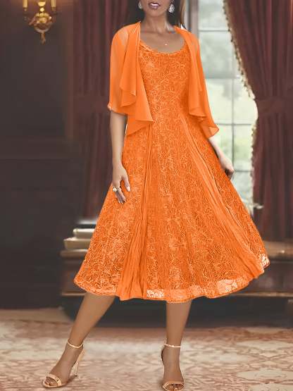 Princess A-Line Tea-Length Mother of the Bride Dress with Scoop Neck Half Sleeves Appliques and Jacket-BMbridal
