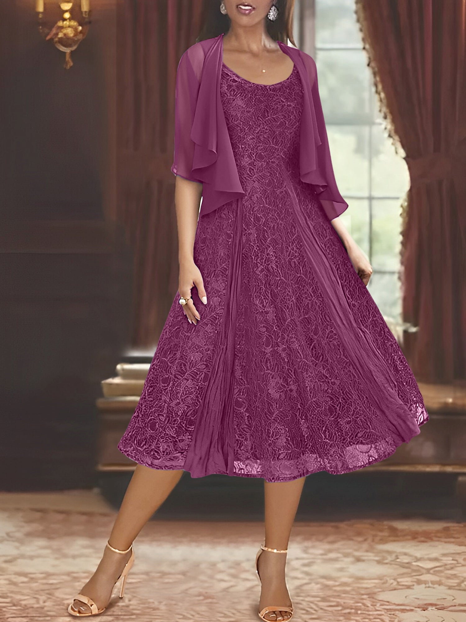 Princess A-Line Tea-Length Mother of the Bride Dress with Scoop Neck Half Sleeves Appliques and Jacket-BMbridal