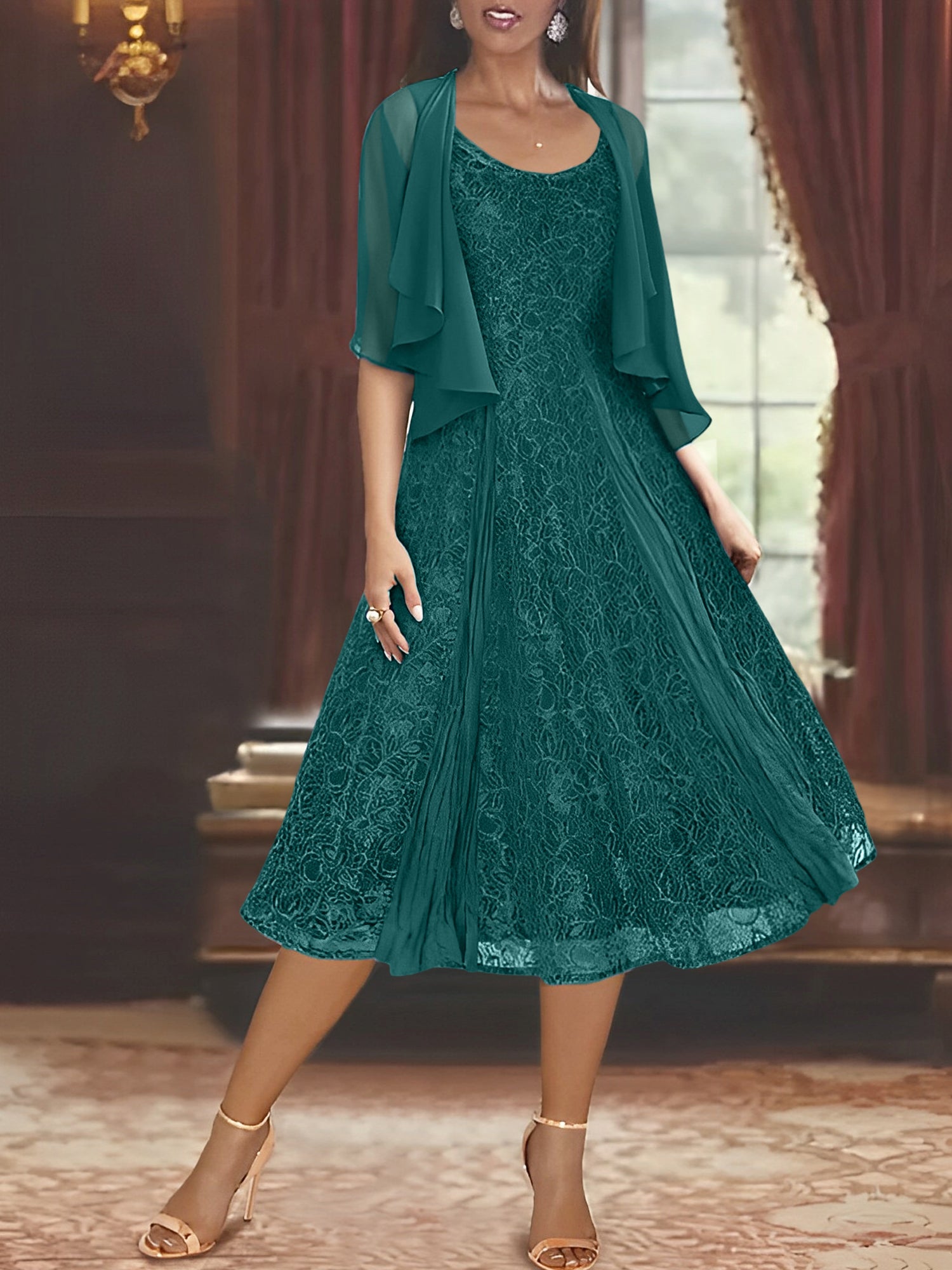 Princess A-Line Tea-Length Mother of the Bride Dress with Scoop Neck Half Sleeves Appliques and Jacket-BMbridal