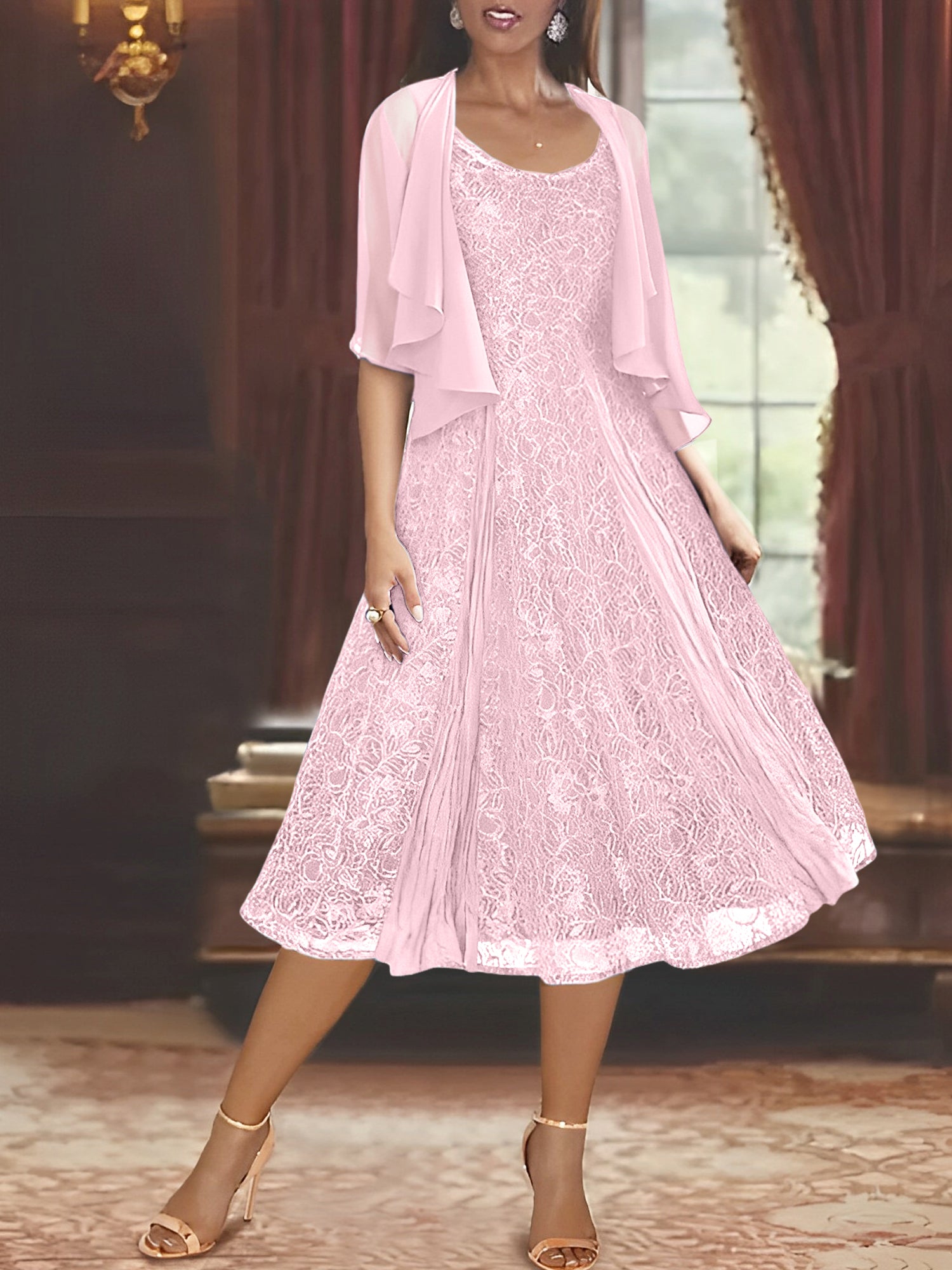 Princess A-Line Tea-Length Mother of the Bride Dress with Scoop Neck Half Sleeves Appliques and Jacket-BMbridal