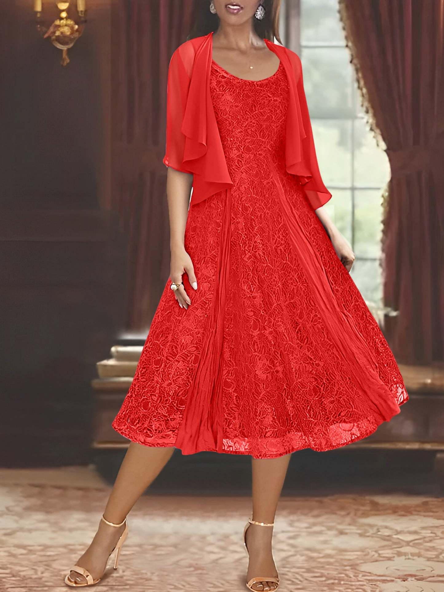 Princess A-Line Tea-Length Mother of the Bride Dress with Scoop Neck Half Sleeves Appliques and Jacket-BMbridal