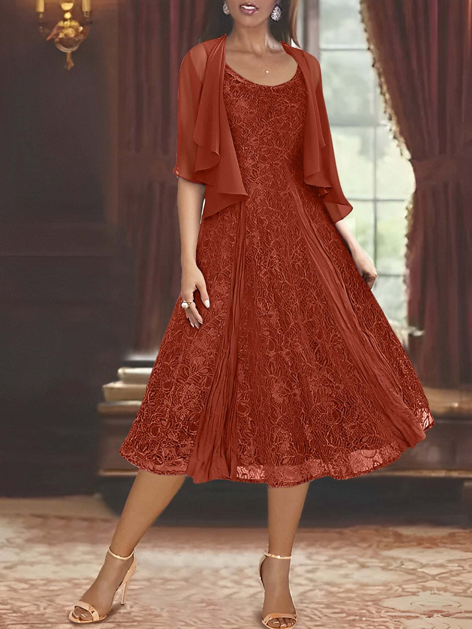 Princess A-Line Tea-Length Mother of the Bride Dress with Scoop Neck Half Sleeves Appliques and Jacket-BMbridal