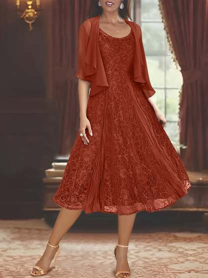 Princess A-Line Tea-Length Mother of the Bride Dress with Scoop Neck Half Sleeves Appliques and Jacket-BMbridal