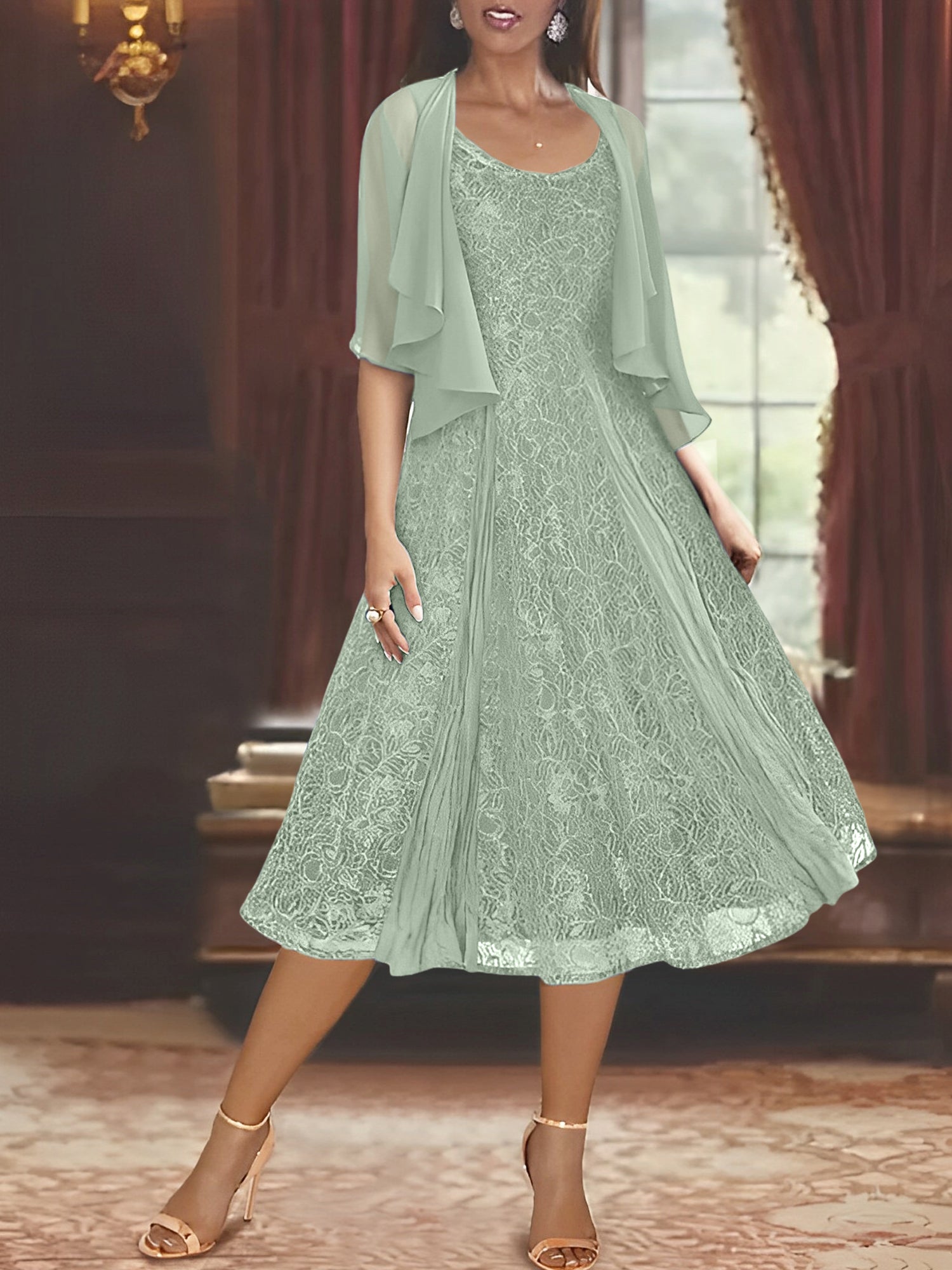 Princess A-Line Tea-Length Mother of the Bride Dress with Scoop Neck Half Sleeves Appliques and Jacket-BMbridal