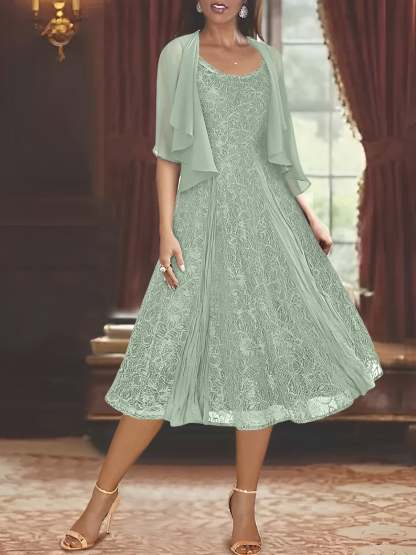 Princess A-Line Tea-Length Mother of the Bride Dress with Scoop Neck Half Sleeves Appliques and Jacket-BMbridal