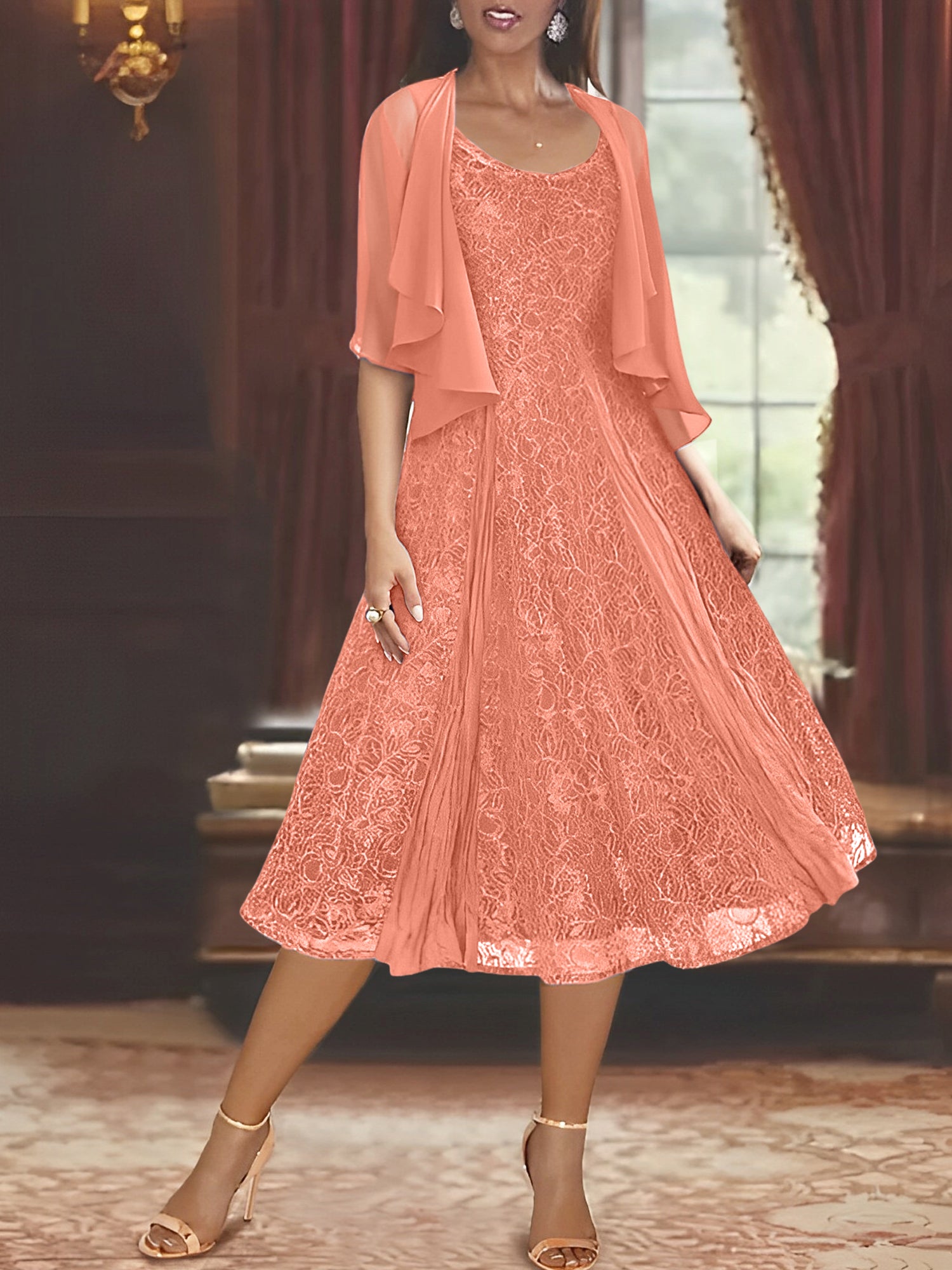 Princess A-Line Tea-Length Mother of the Bride Dress with Scoop Neck Half Sleeves Appliques and Jacket-BMbridal