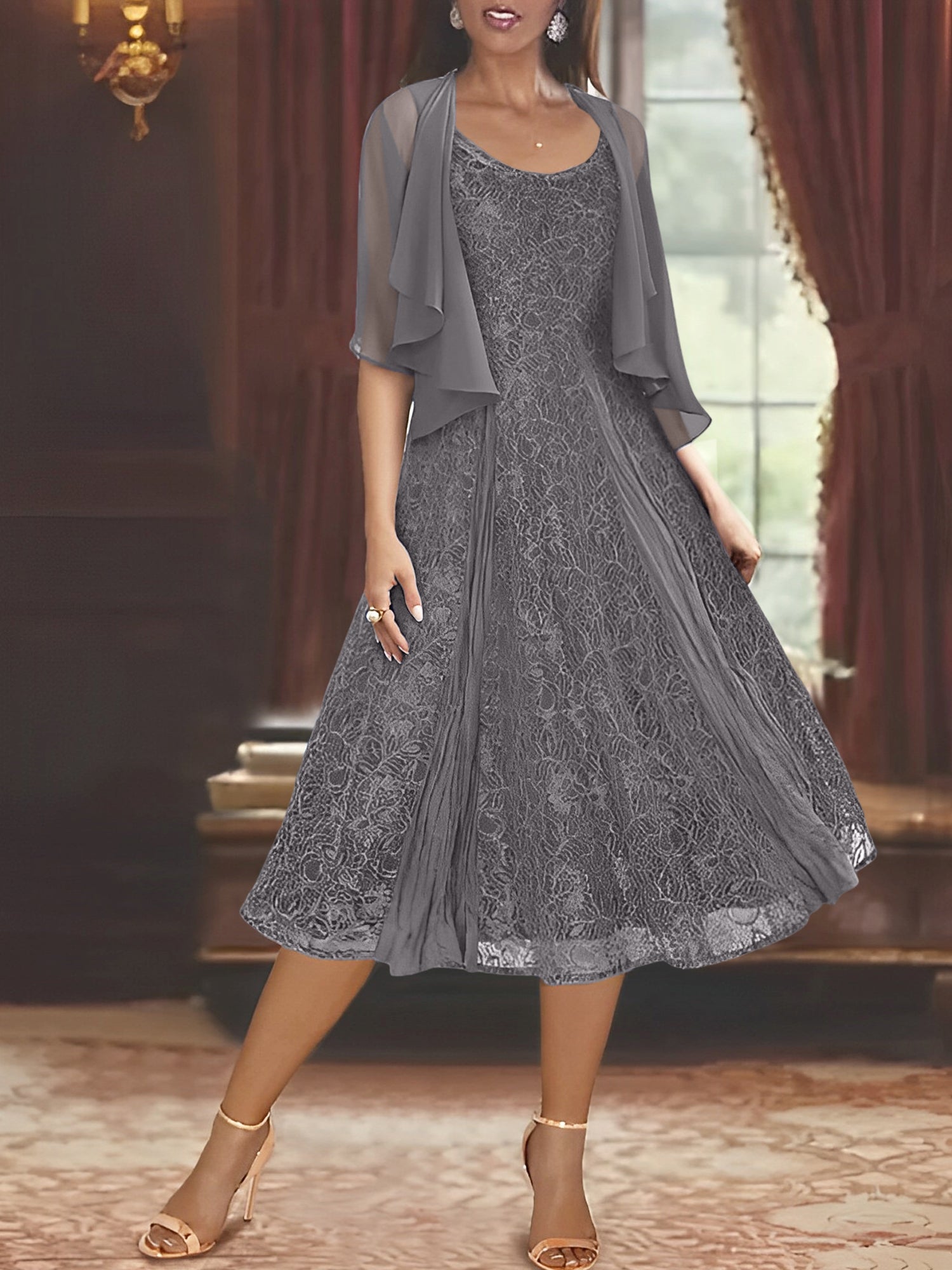 Princess A-Line Tea-Length Mother of the Bride Dress with Scoop Neck Half Sleeves Appliques and Jacket-BMbridal