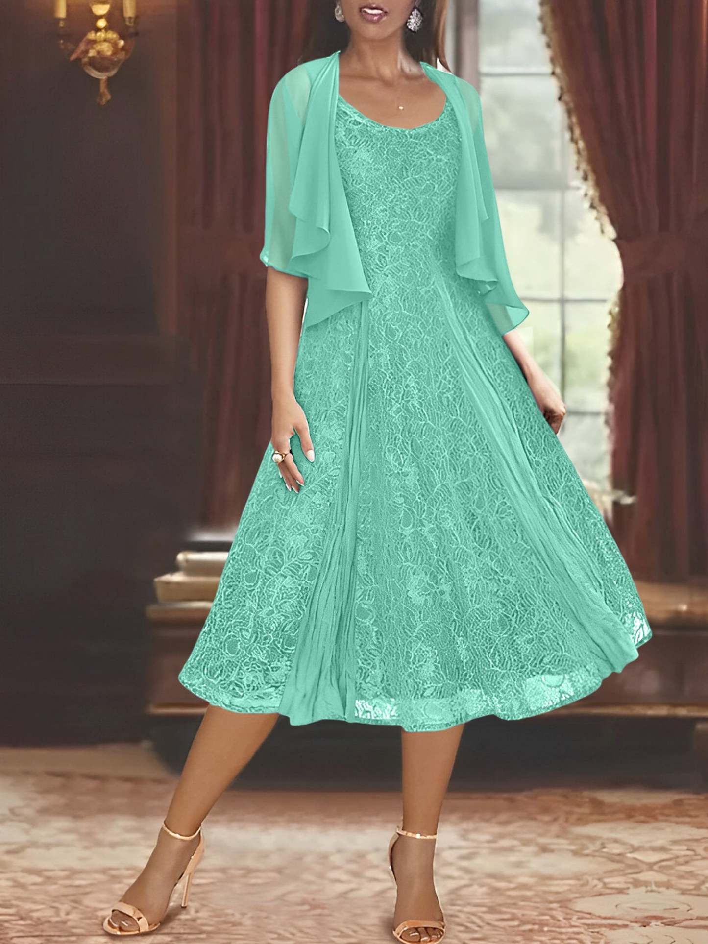 Princess A-Line Tea-Length Mother of the Bride Dress with Scoop Neck Half Sleeves Appliques and Jacket-BMbridal