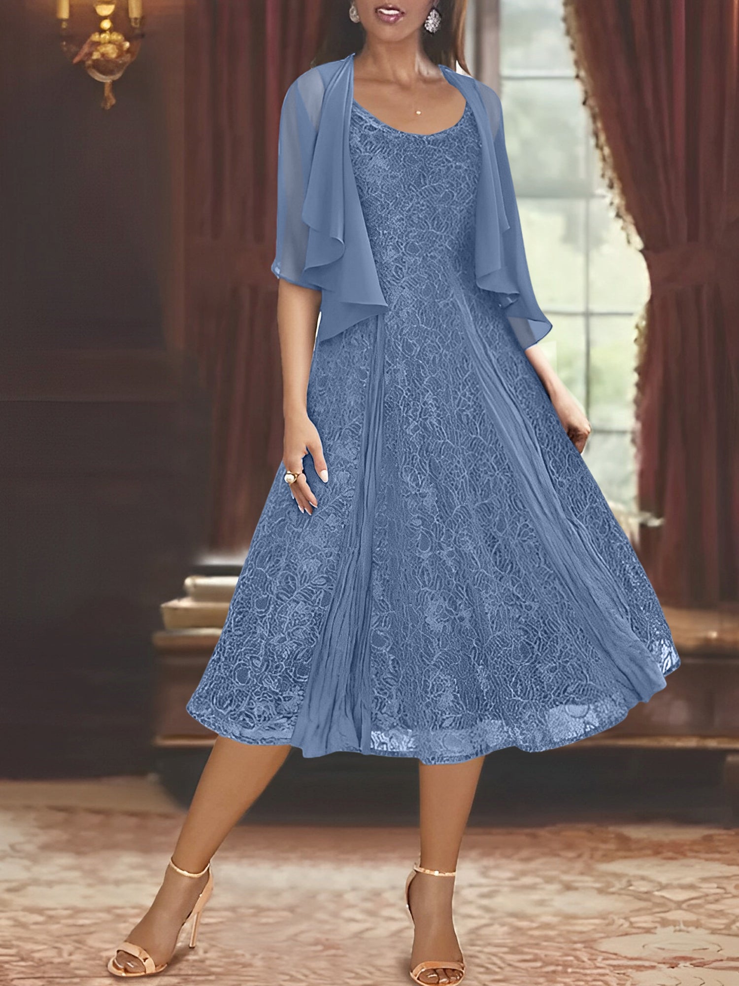 Princess A-Line Tea-Length Mother of the Bride Dress with Scoop Neck Half Sleeves Appliques and Jacket-BMbridal