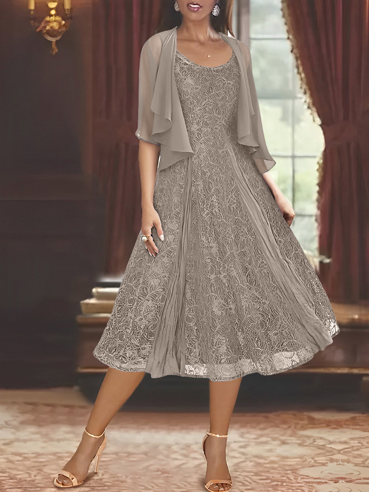 Princess A-Line Tea-Length Mother of the Bride Dress with Scoop Neck Half Sleeves Appliques and Jacket-BMbridal