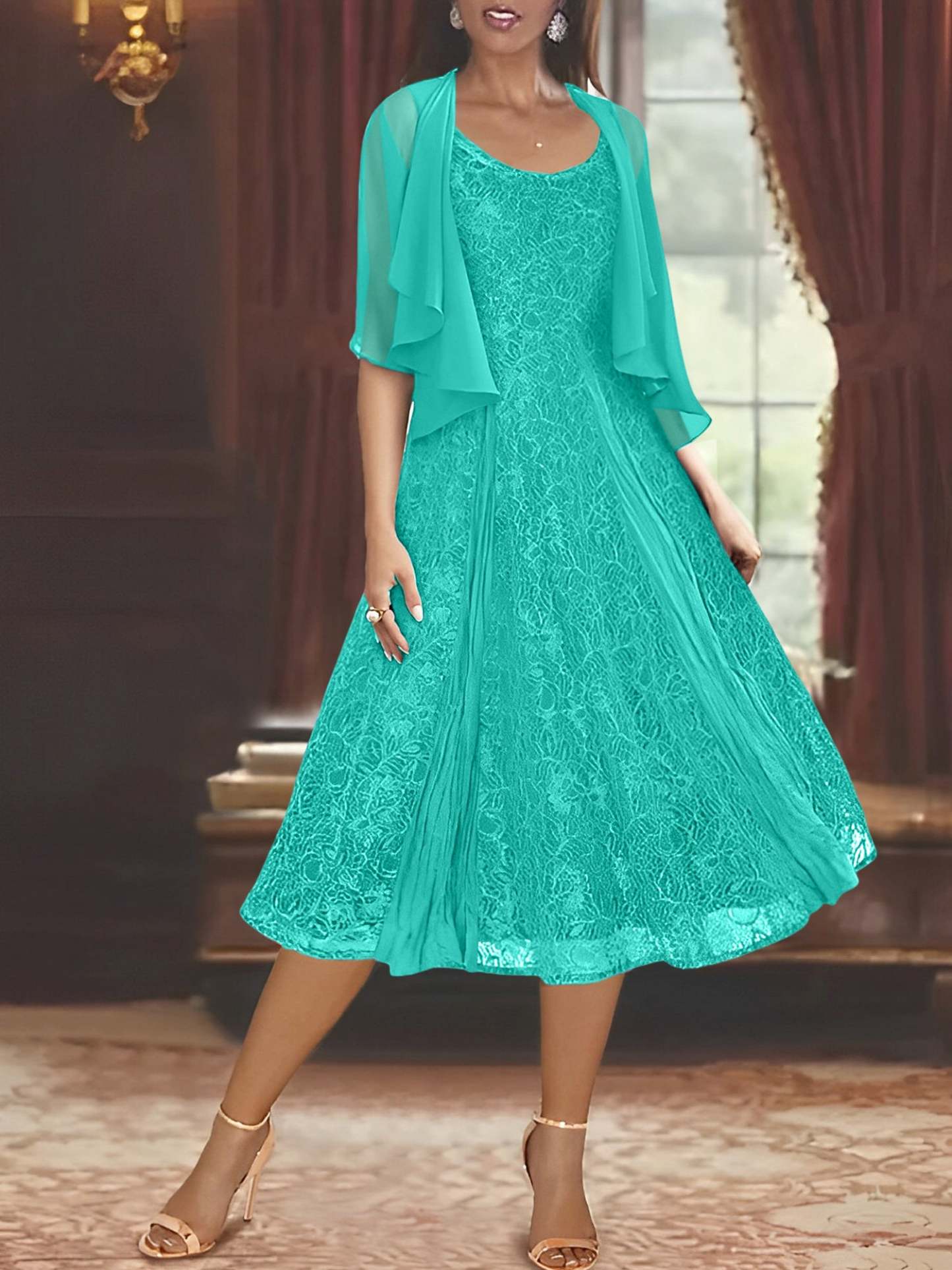 Princess A-Line Tea-Length Mother of the Bride Dress with Scoop Neck Half Sleeves Appliques and Jacket-BMbridal