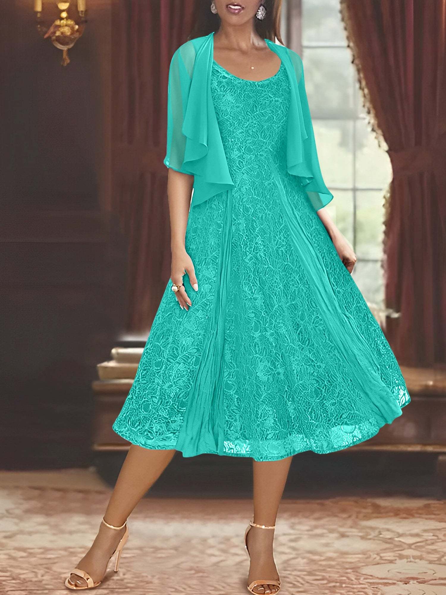 Princess A-Line Tea-Length Mother of the Bride Dress with Scoop Neck Half Sleeves Appliques and Jacket-BMbridal