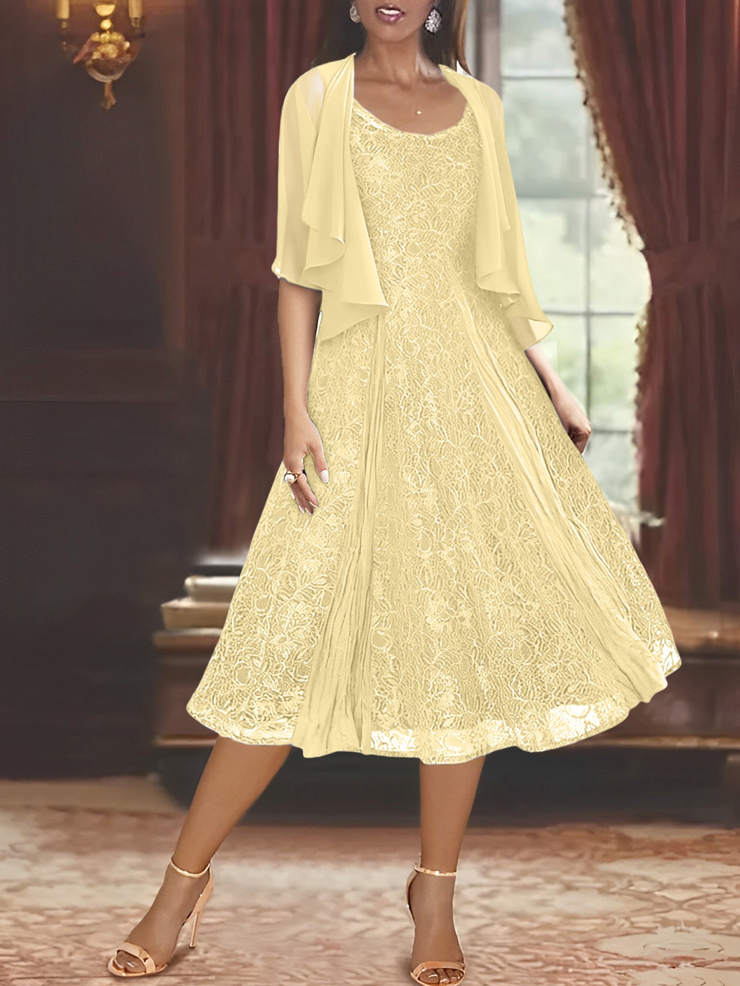 Princess A-Line Tea-Length Mother of the Bride Dress with Scoop Neck Half Sleeves Appliques and Jacket-BMbridal