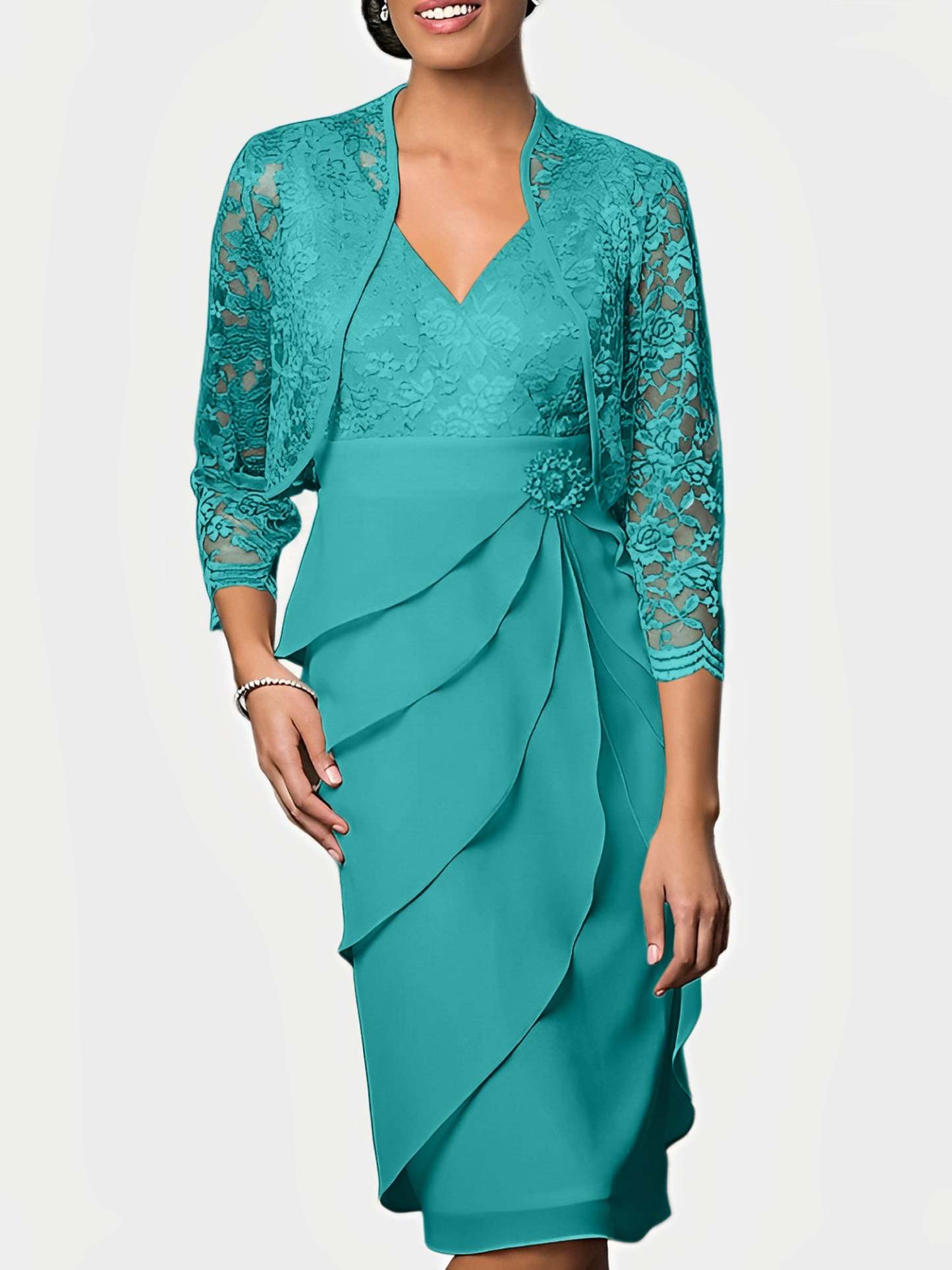 Knee-Length V-Neck Sheath Mother of the Bride Column Dresses-BMbridal