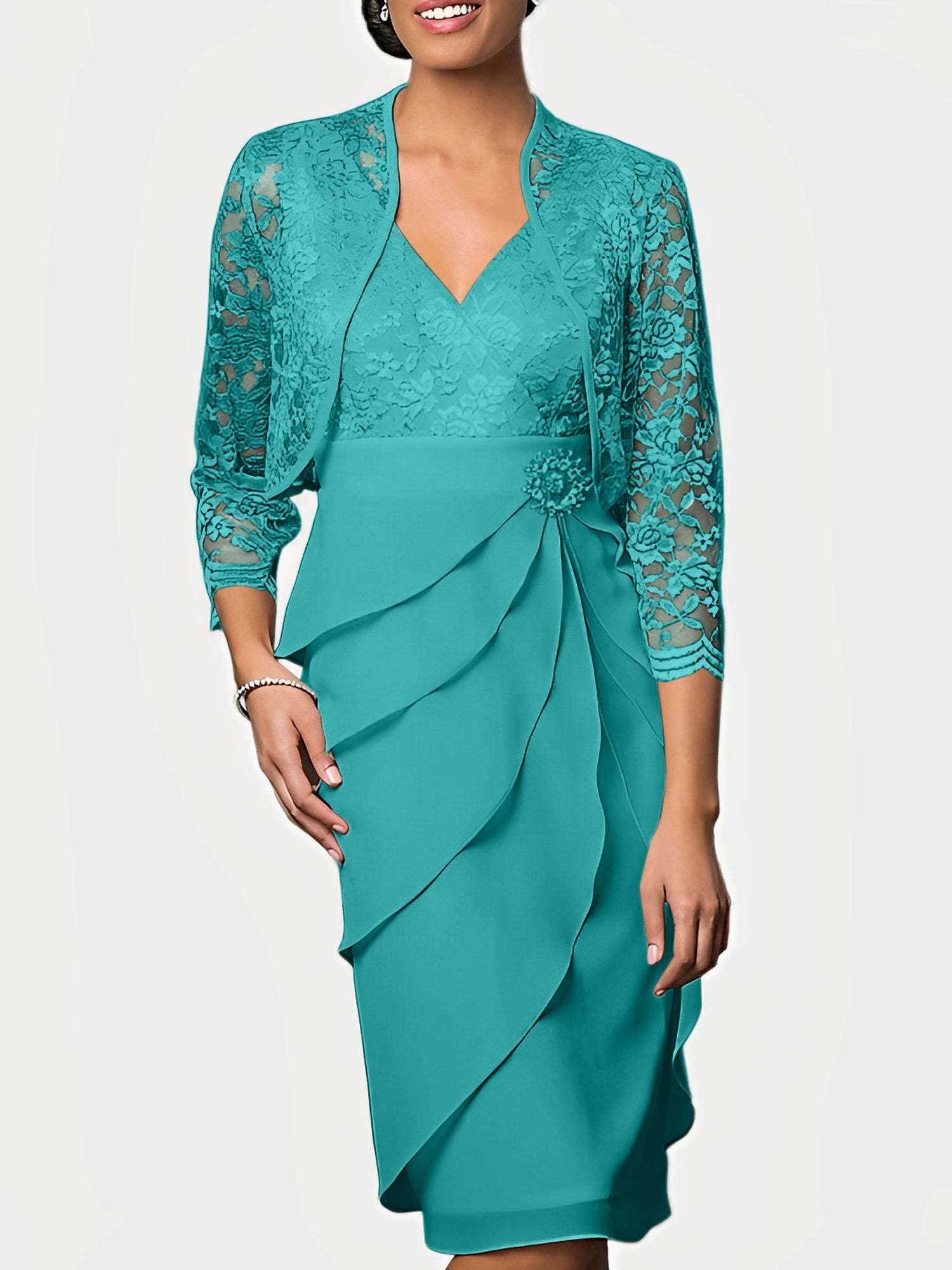 Knee-Length V-Neck Sheath Mother of the Bride Column Dresses-BMbridal