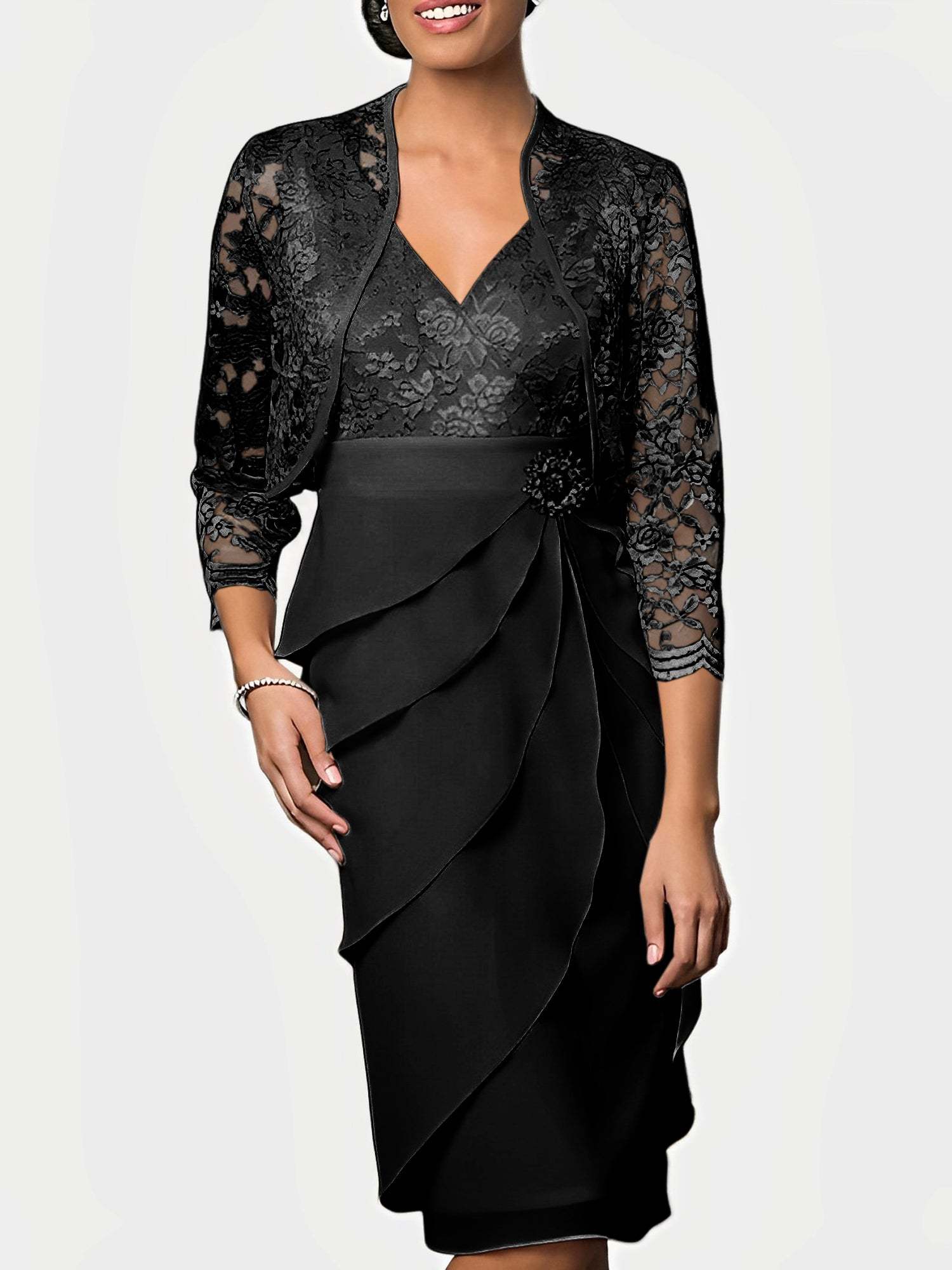 Knee-Length V-Neck Sheath Mother of the Bride Column Dresses-BMbridal