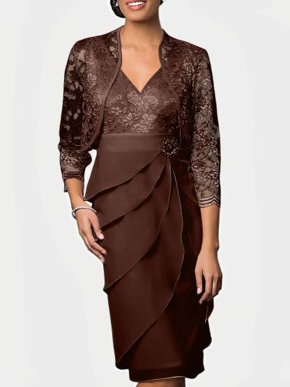 Knee-Length V-Neck Sheath Mother of the Bride Column Dresses-BMbridal