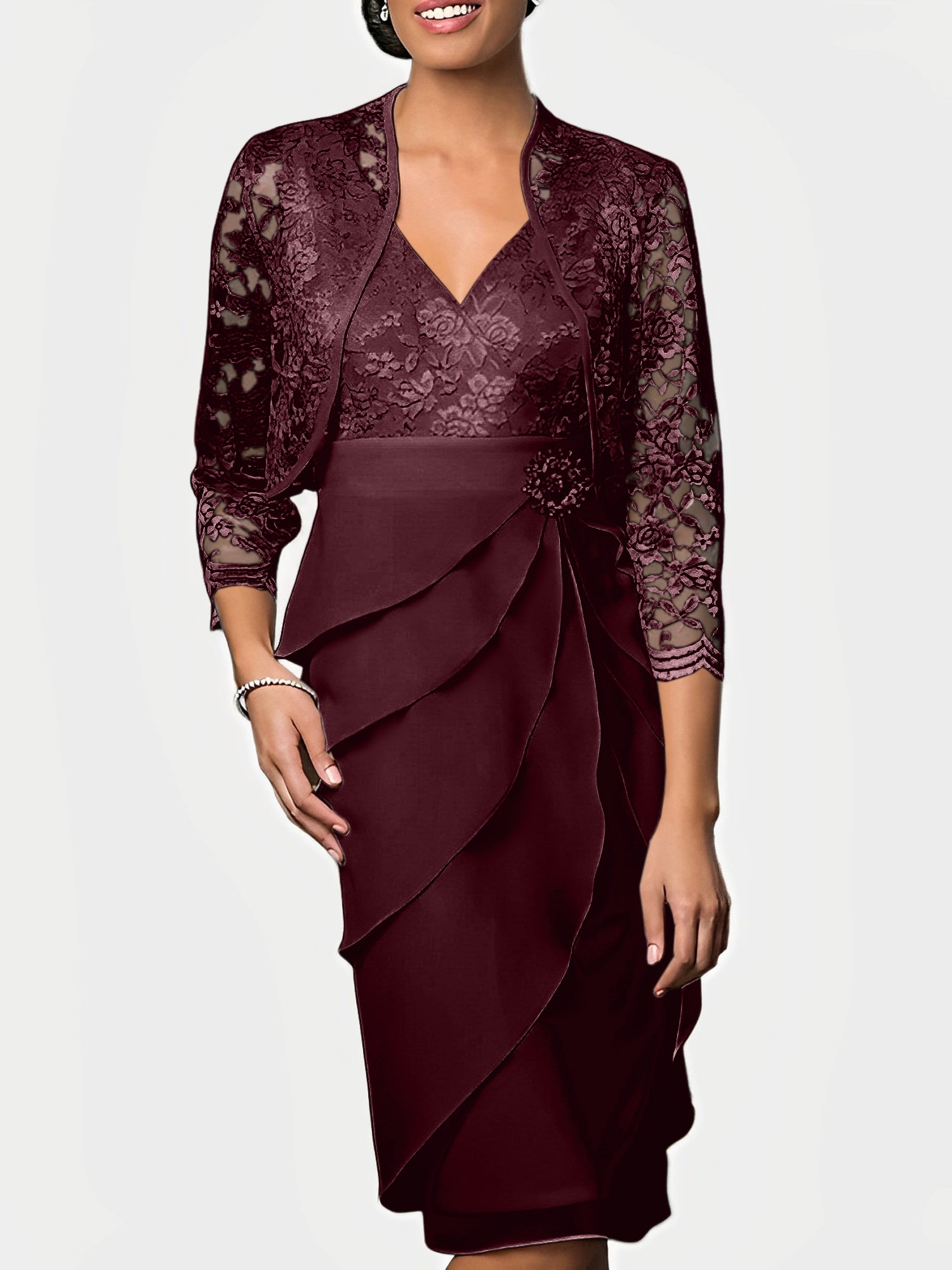 Knee-Length V-Neck Sheath Mother of the Bride Column Dresses-BMbridal