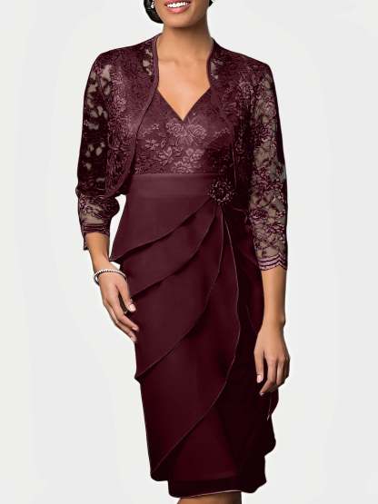 Knee-Length V-Neck Sheath Mother of the Bride Column Dresses-BMbridal