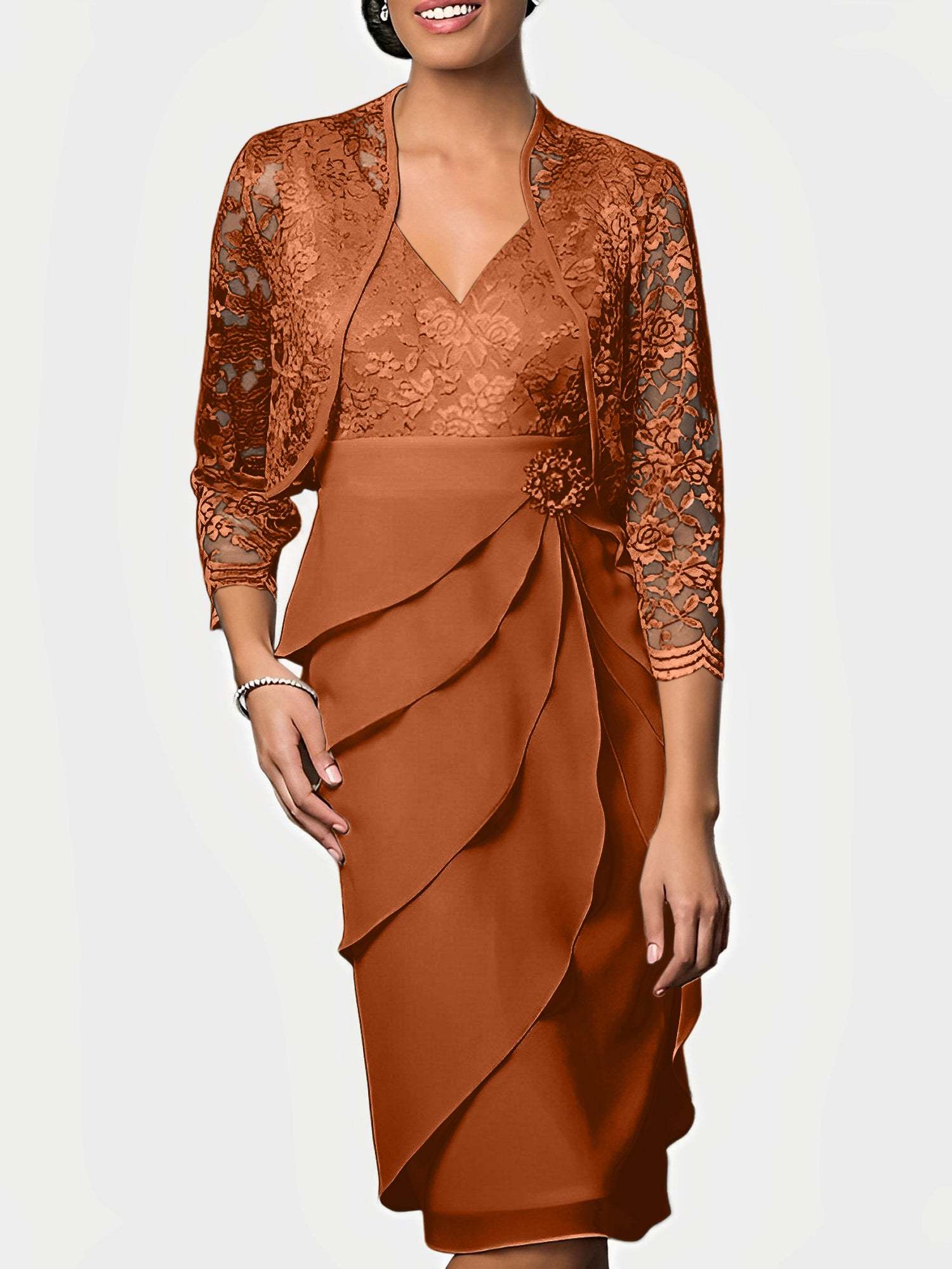 Knee-Length V-Neck Sheath Mother of the Bride Column Dresses-BMbridal