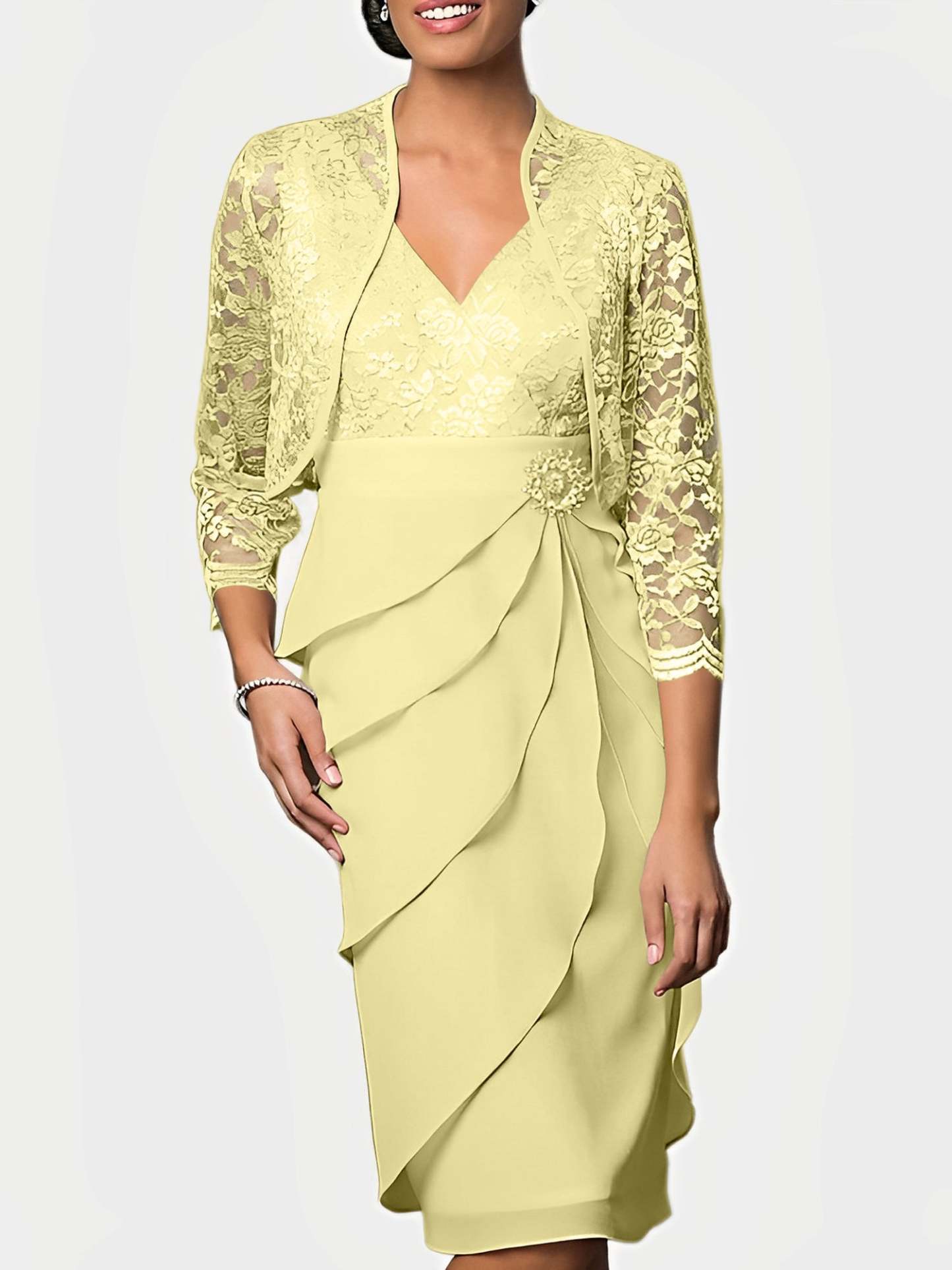 Knee-Length V-Neck Sheath Mother of the Bride Column Dresses-BMbridal