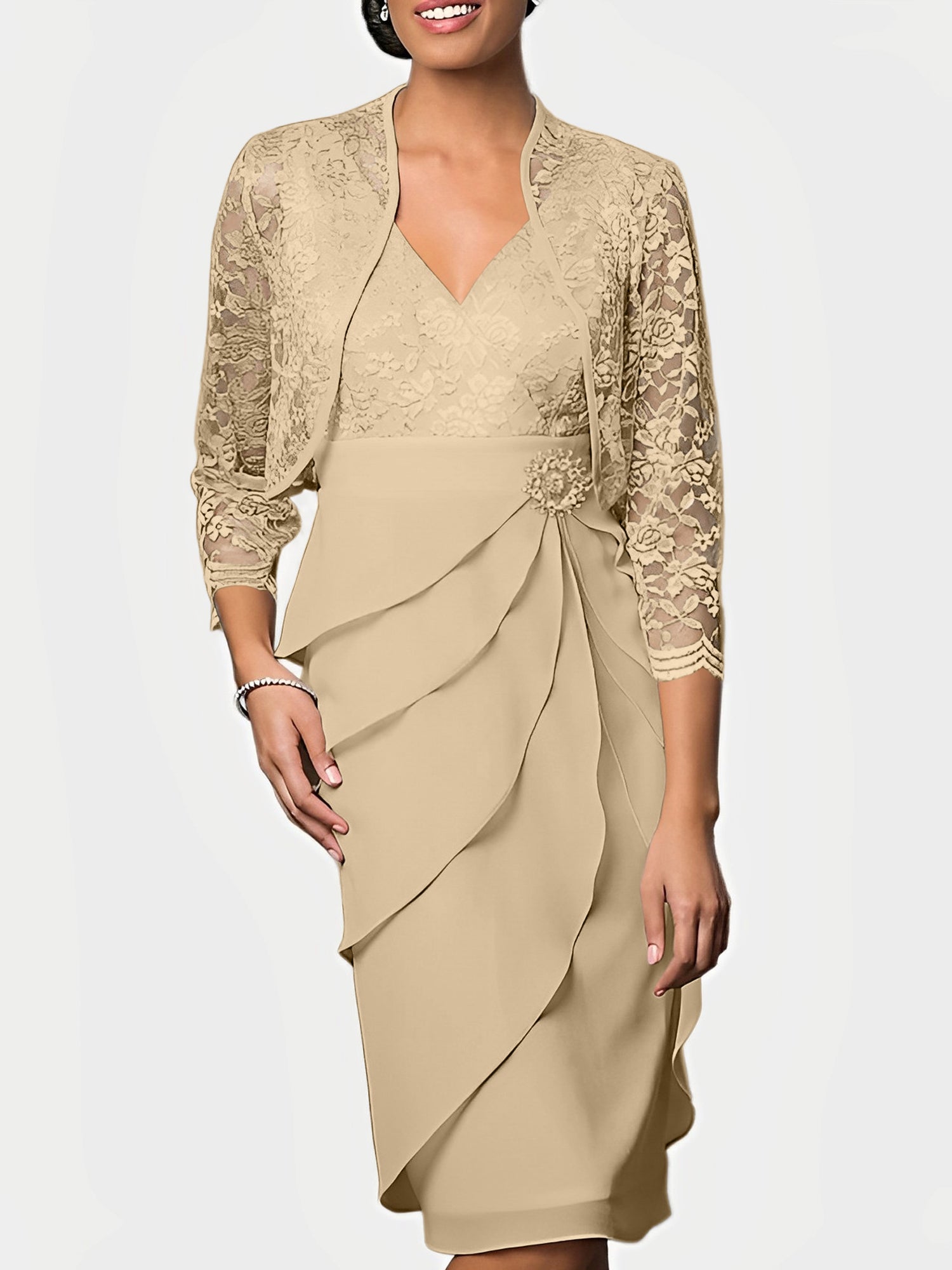 Knee-Length V-Neck Sheath Mother of the Bride Column Dresses-BMbridal