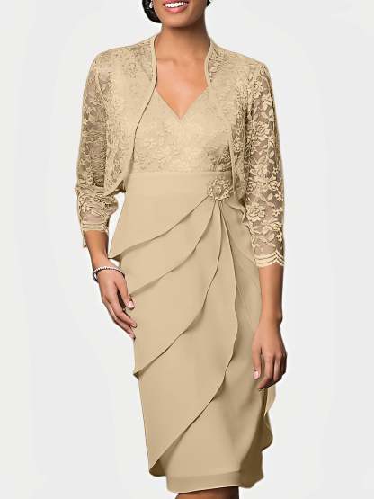 Knee-Length V-Neck Sheath Mother of the Bride Column Dresses-BMbridal