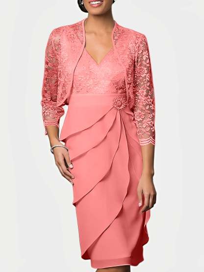 Knee-Length V-Neck Sheath Mother of the Bride Column Dresses-BMbridal