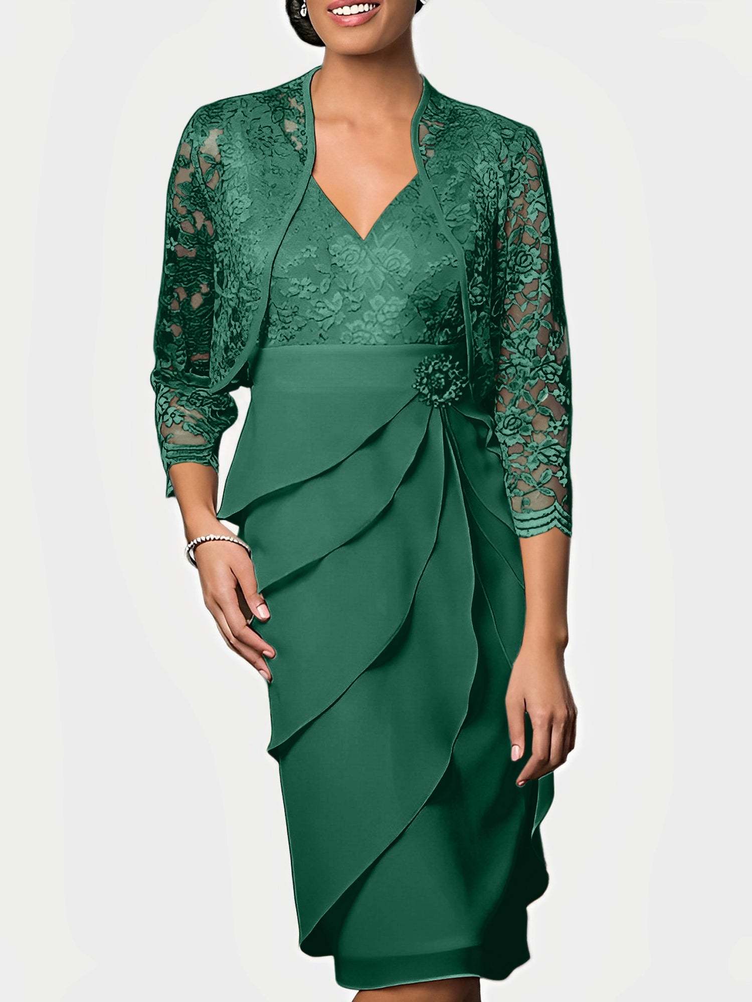 Knee-Length V-Neck Sheath Mother of the Bride Column Dresses-BMbridal