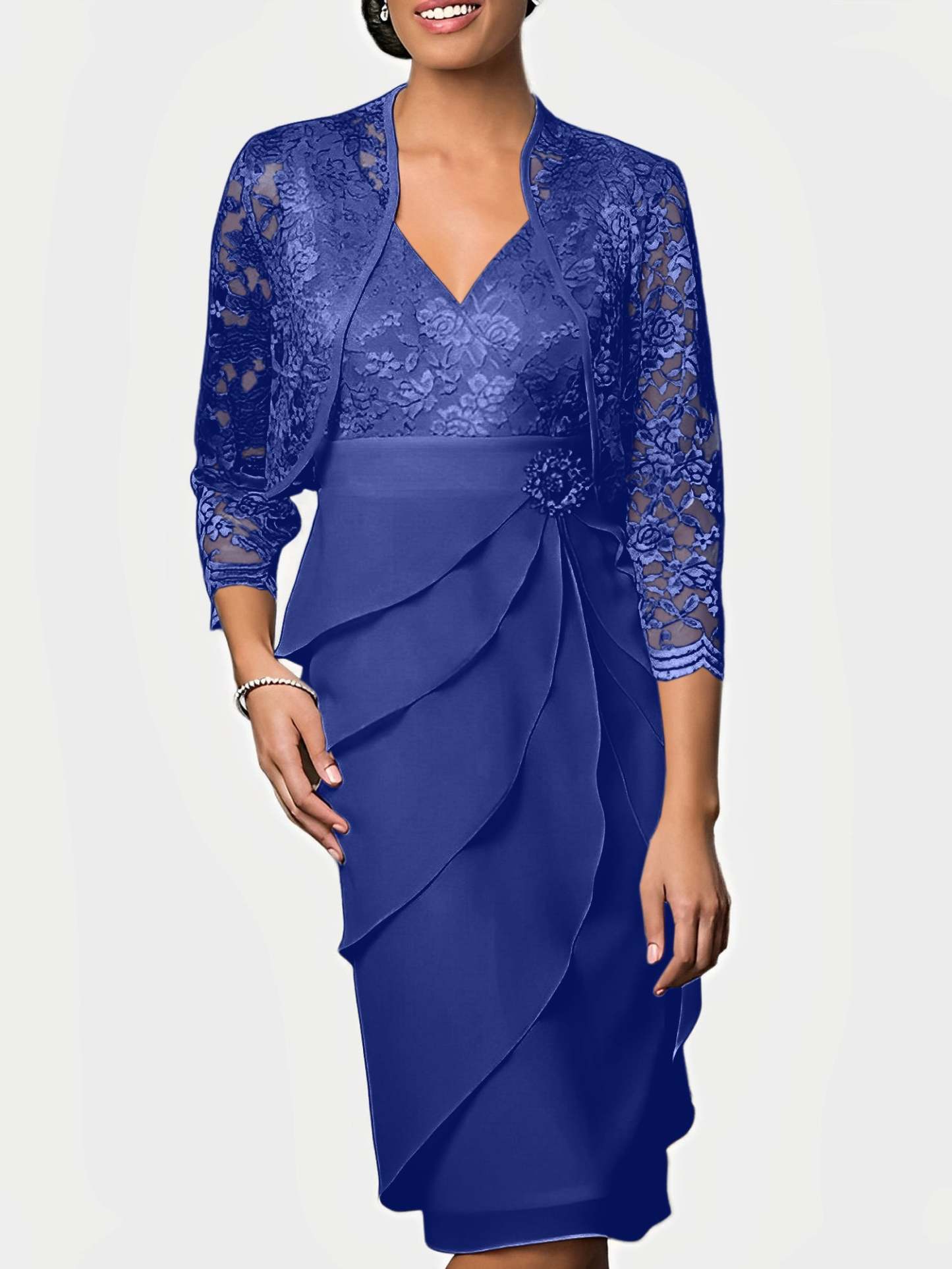 Knee-Length V-Neck Sheath Mother of the Bride Column Dresses-BMbridal