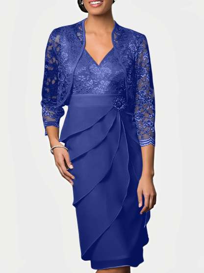 Knee-Length V-Neck Sheath Mother of the Bride Column Dresses-BMbridal